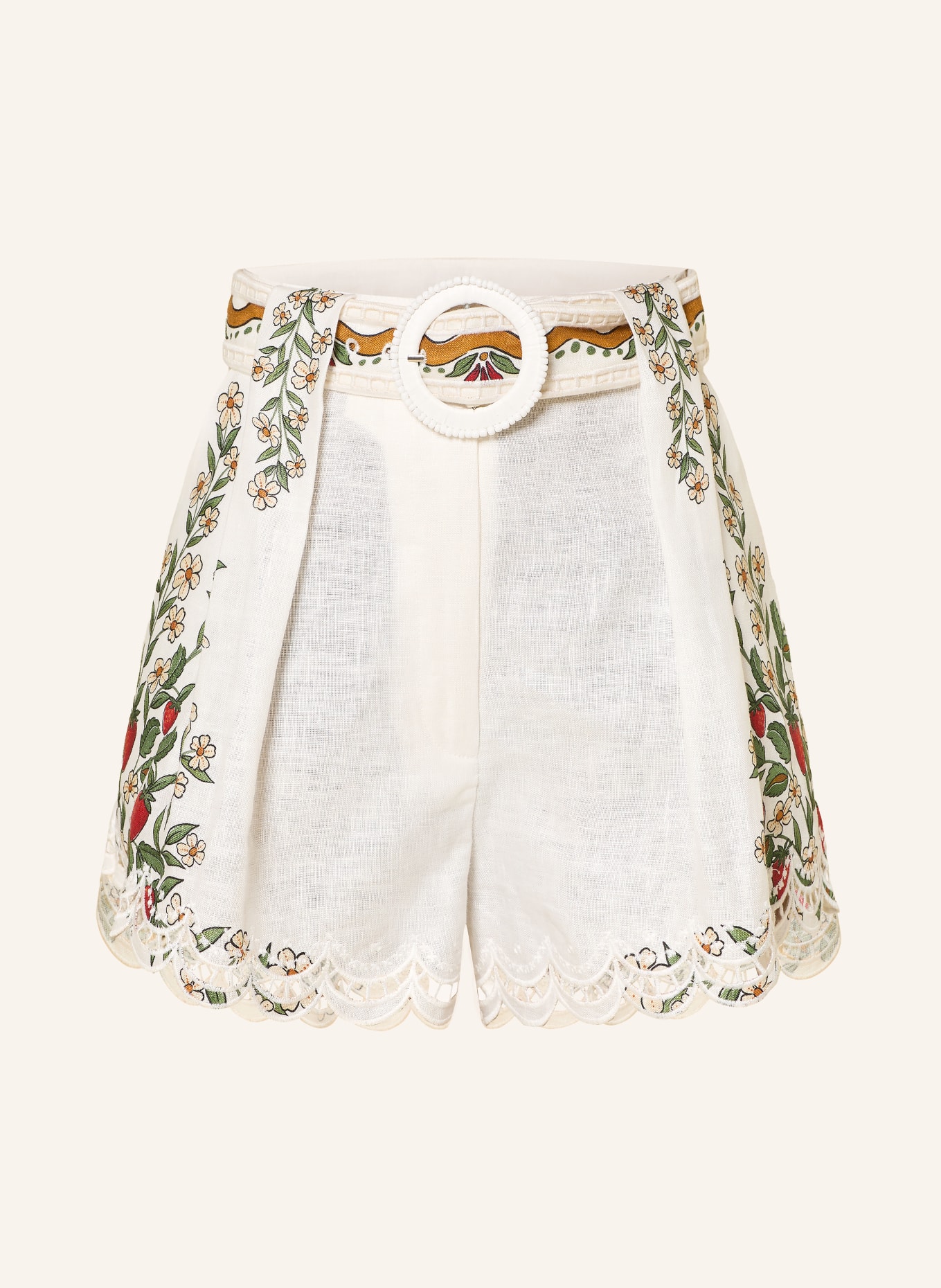 FARM RIO FRUIT BEAUTY linen shorts with lace: WHITE / BROWN / GREEN