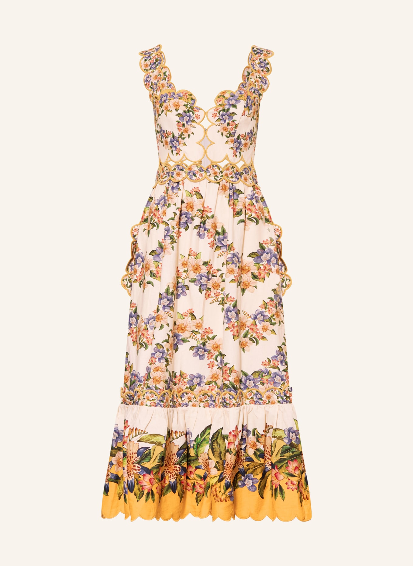 FARM RIO Dress with linen and cutouts: BEIGE / DARK RED / BLUE