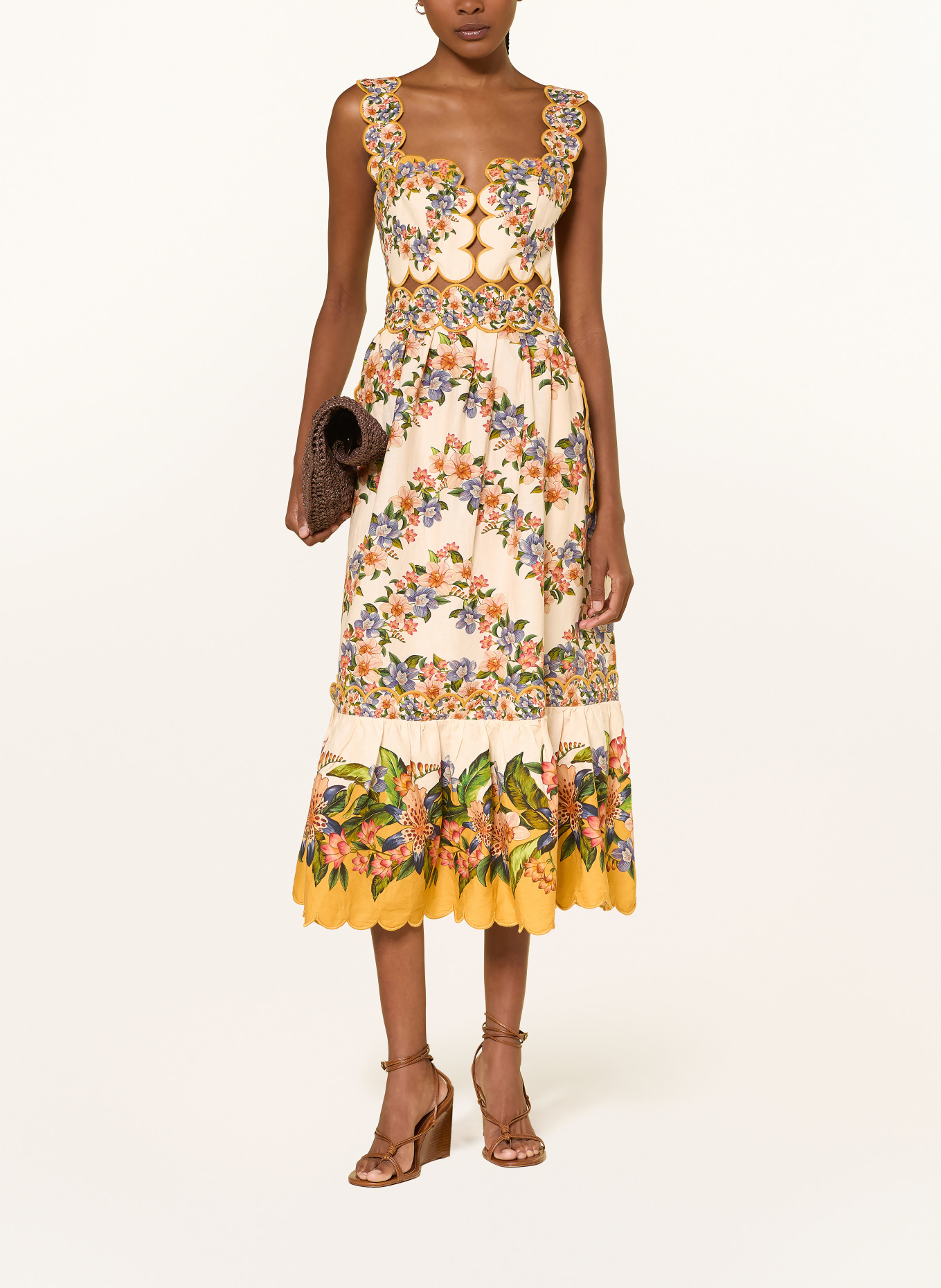 FARM RIO Dress with linen and cutouts: BEIGE / DARK RED / BLUE