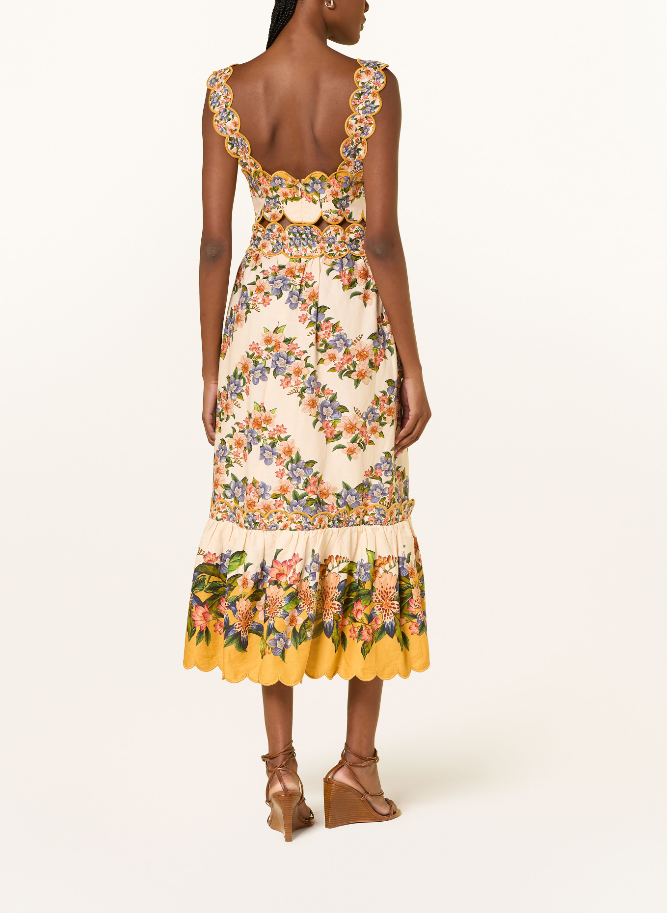 FARM RIO Dress with linen and cutouts: BEIGE / DARK RED / BLUE
