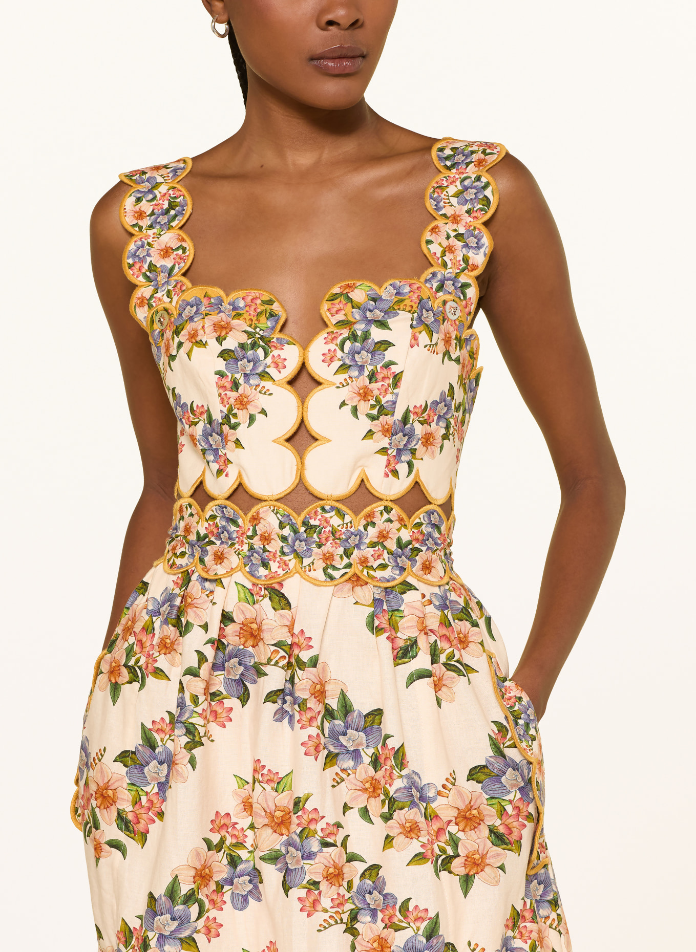 FARM RIO Dress with linen and cutouts: BEIGE / DARK RED / BLUE