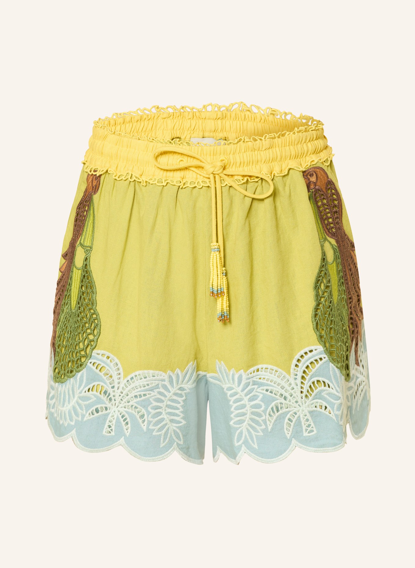 FARM RIO USIACURI shorts with linen and decorative beads: LIGHT GREEN / DARK BROWN / LIGHT BLUE