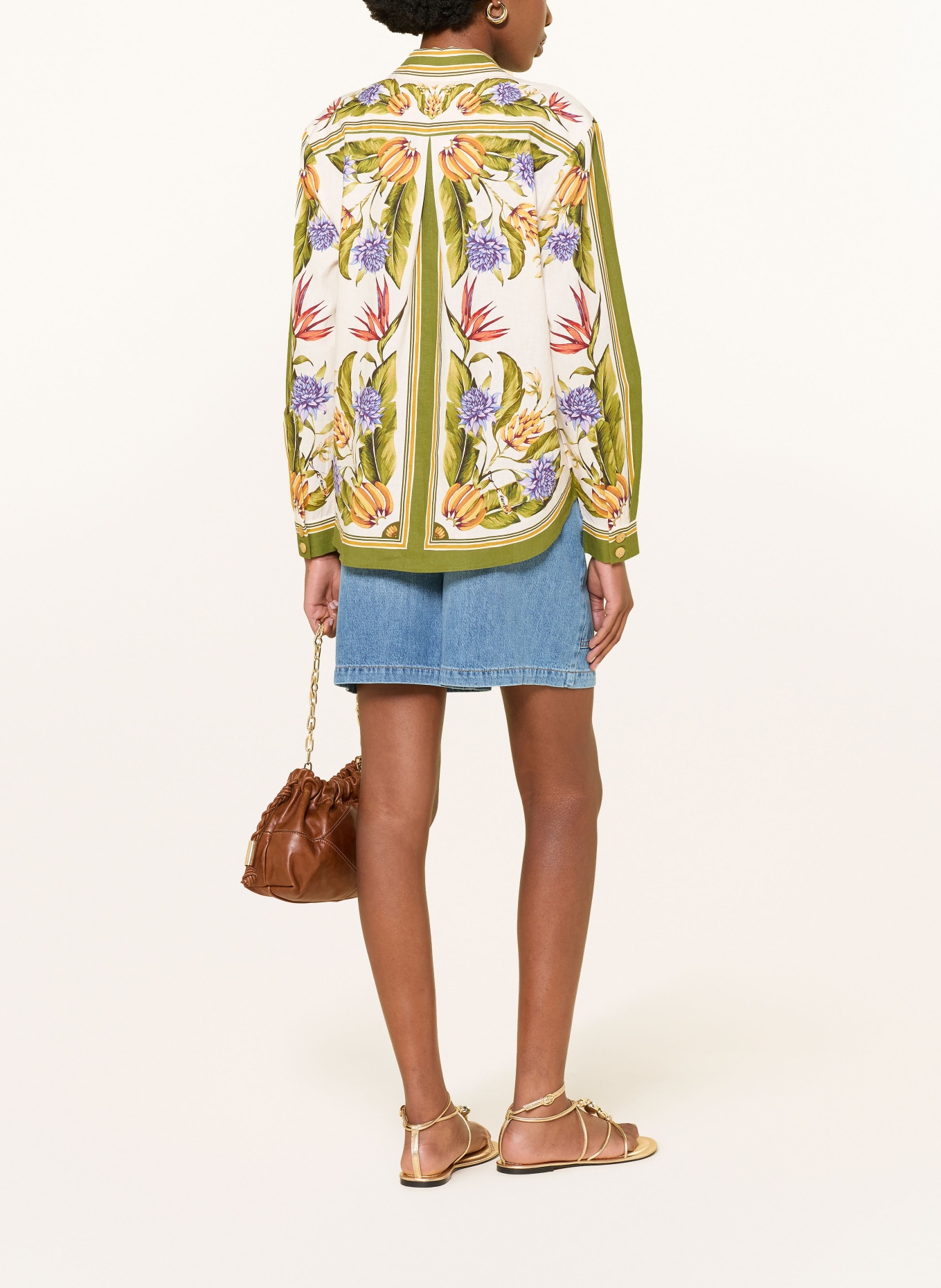 FARM RIO TROPICAL SCARF SAND shirt-blouse with linen: GREEN / ECRU / PURPLE