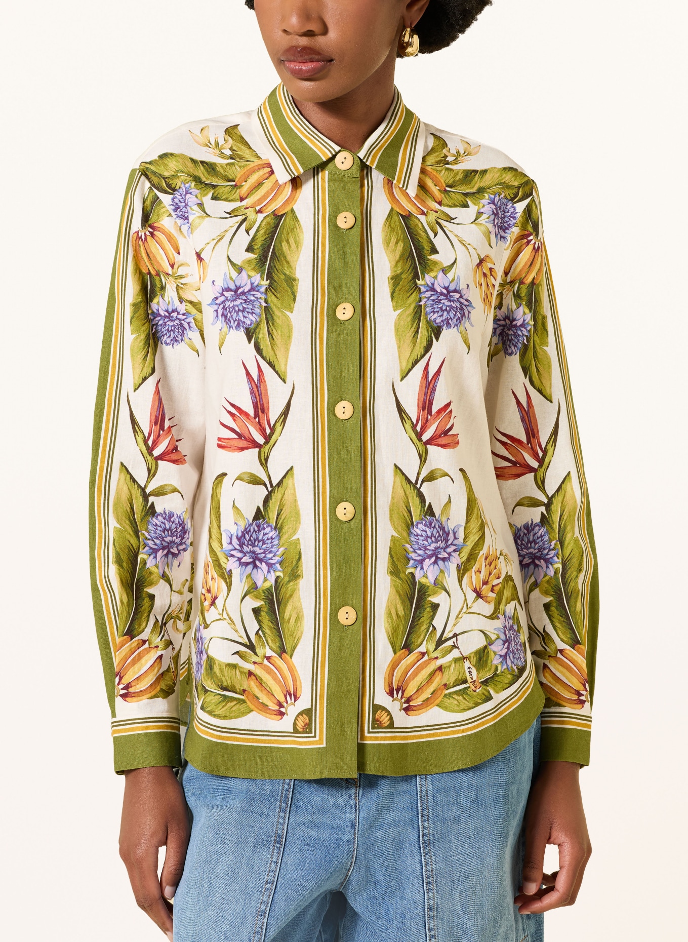 FARM RIO TROPICAL SCARF SAND shirt-blouse with linen: GREEN / ECRU / PURPLE
