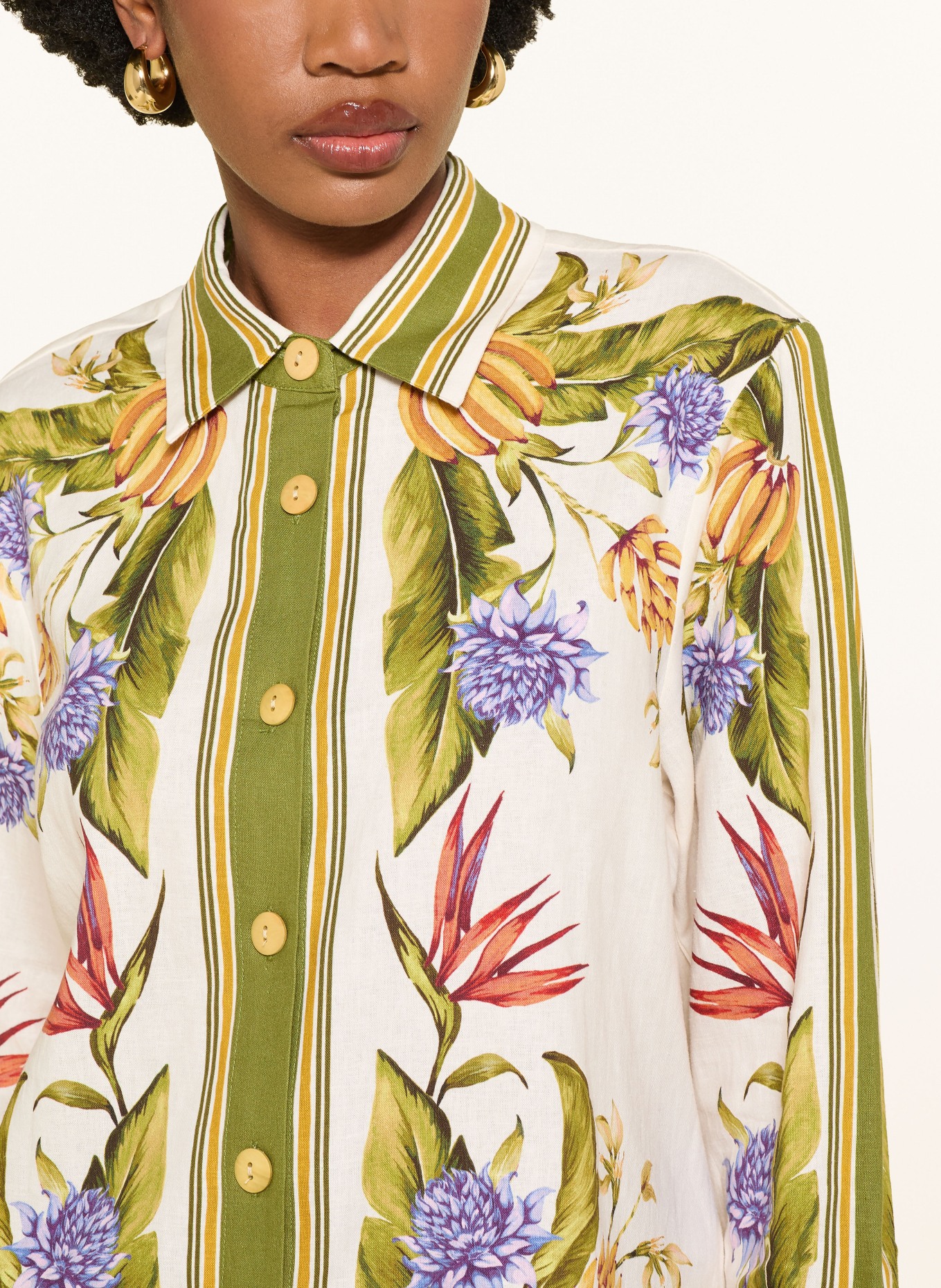 FARM RIO TROPICAL SCARF SAND shirt-blouse with linen: GREEN / ECRU / PURPLE
