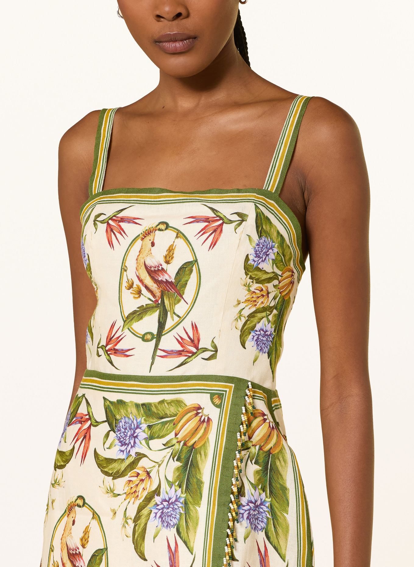 FARM RIO TROPICAL SCARF linen dress with decorative beads: CREAM / OLIVE / LIGHT BLUE