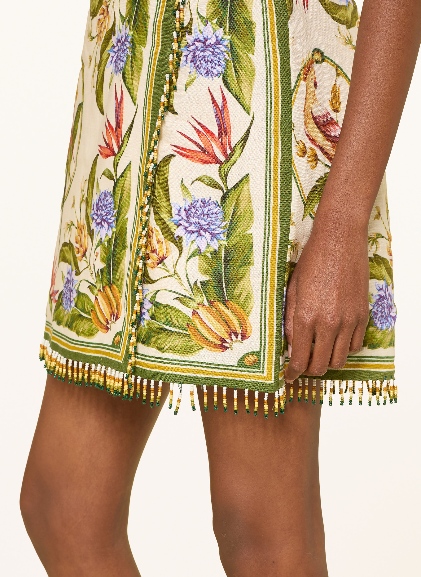 FARM RIO TROPICAL SCARF linen dress with decorative beads: CREAM / OLIVE / LIGHT BLUE