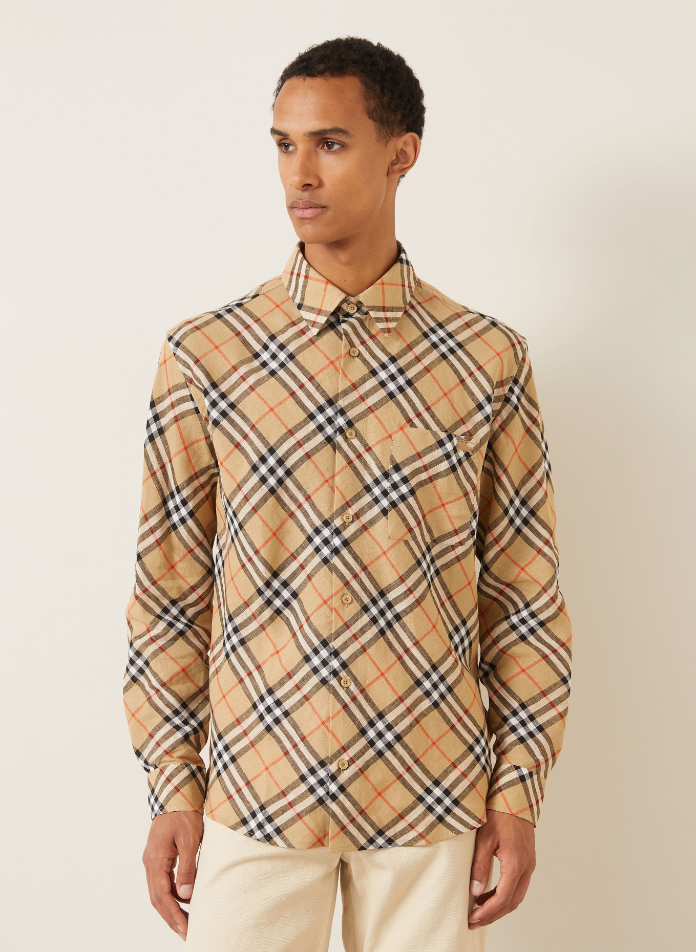BURBERRY Comfort Fit Linen Shirt: BEIGE / CREAM / RED