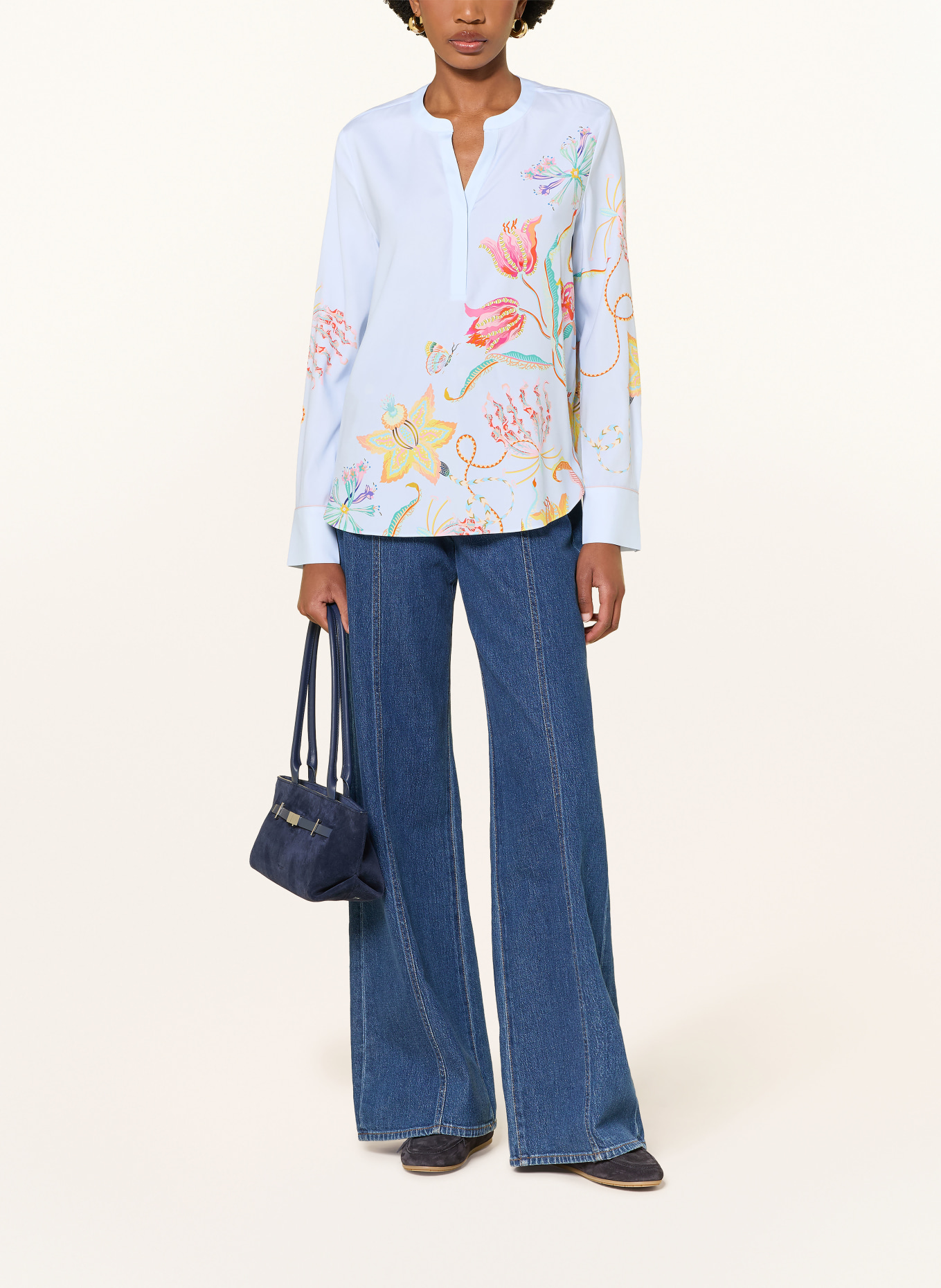HERZENS Blouse-style shirt with silk: LIGHT BLUE / PINK / YELLOW