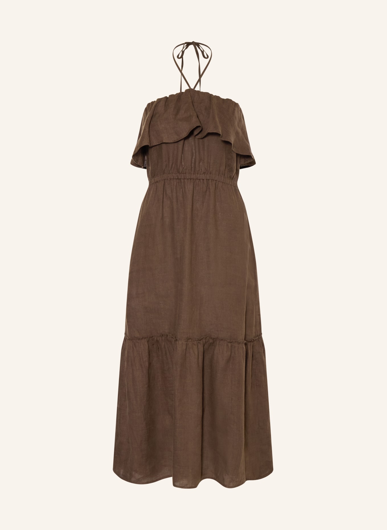 DRYKORN Linnen jurk LUMIRA met volants: MARRON FONCÉ