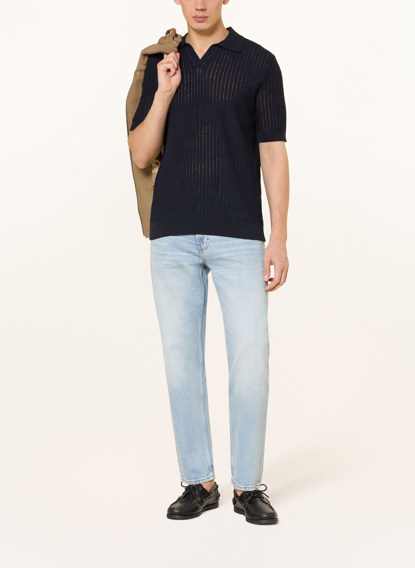 HUGO SEEMANT Regular Fit Knit Polo Shirt with Linen: DARK BLUE
