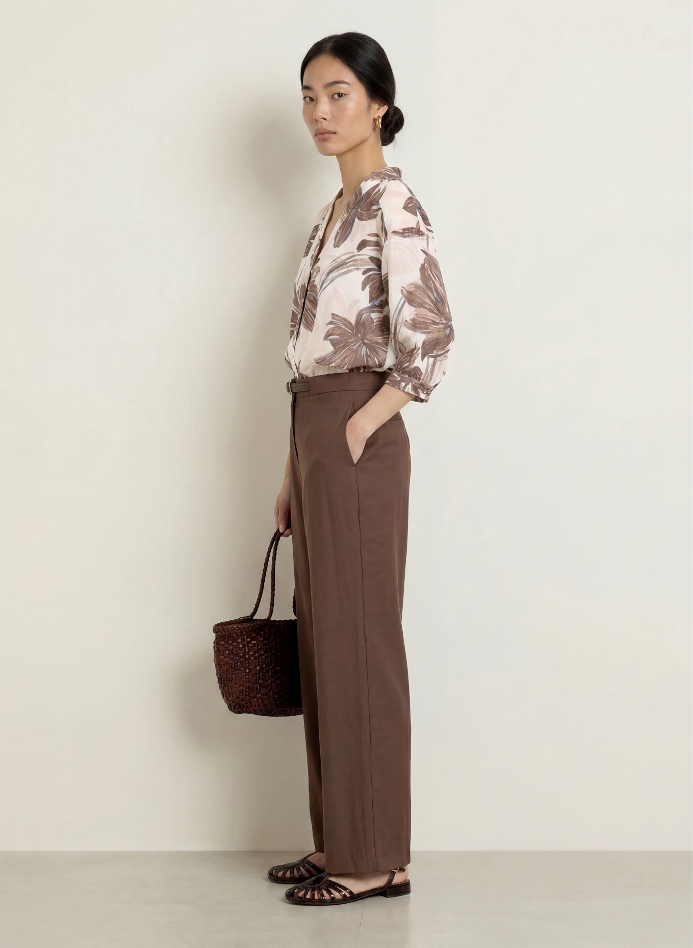 MORE & MORE Blouse met 3/4-mouwen: MARRON FONCÉ / BEIGE / DONKERBLAUW