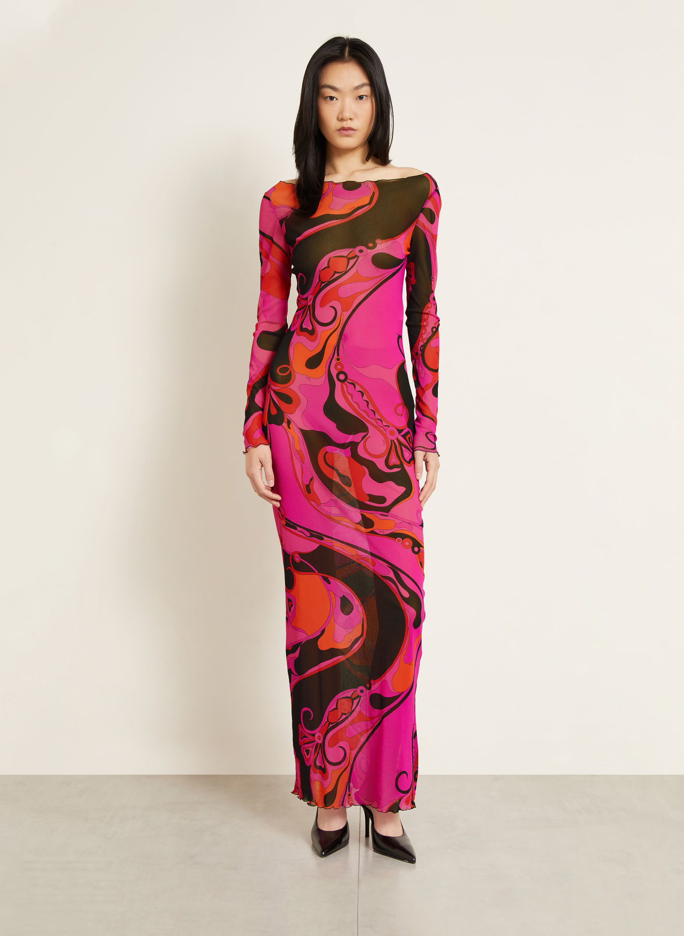 PUCCI Mesh-Kleid: PINK / ORANGE / SCHWARZ