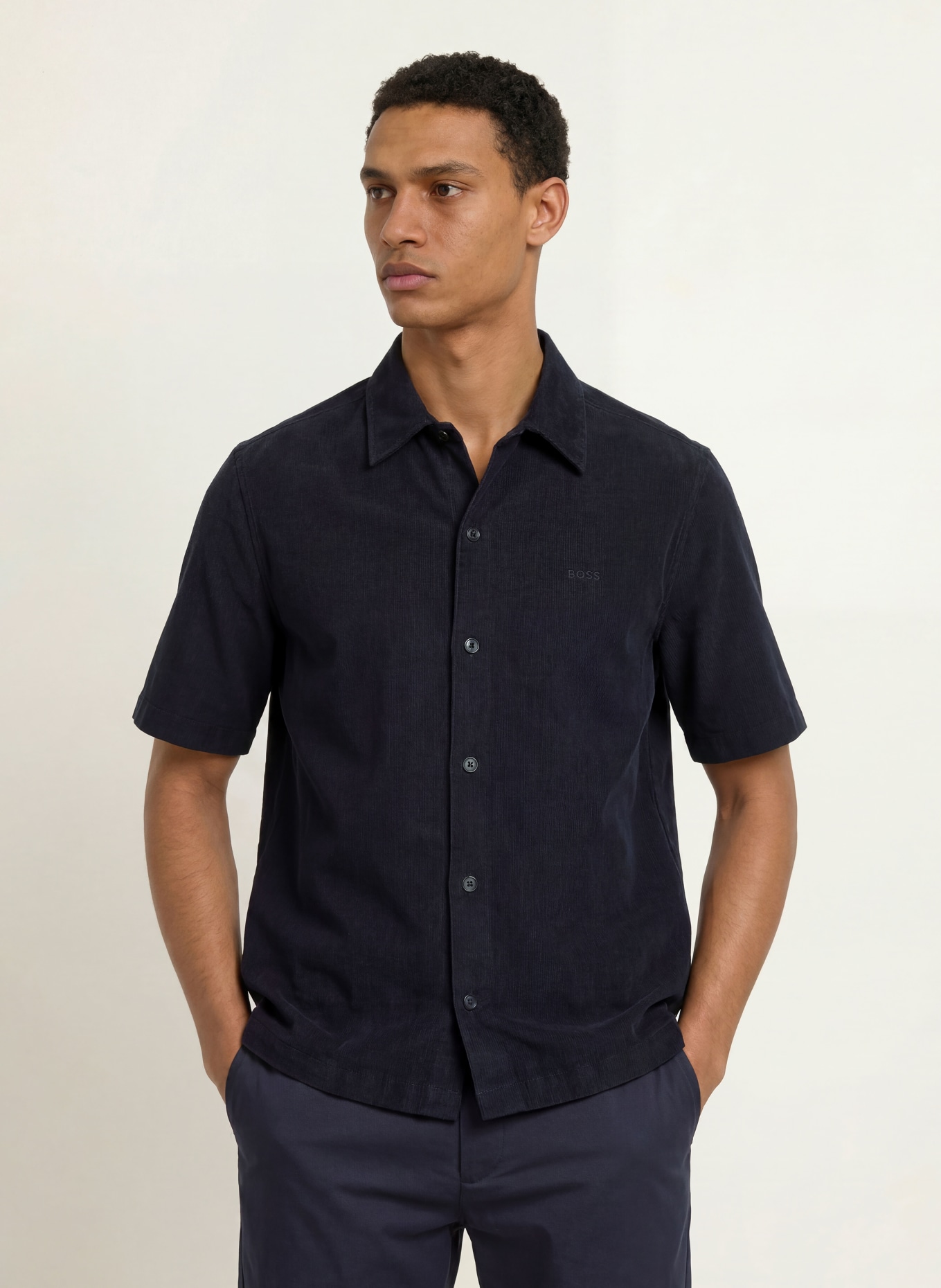 BOSS LAKITH Relaxed Fit Short-Sleeve Corduroy Shirt: DARK BLUE