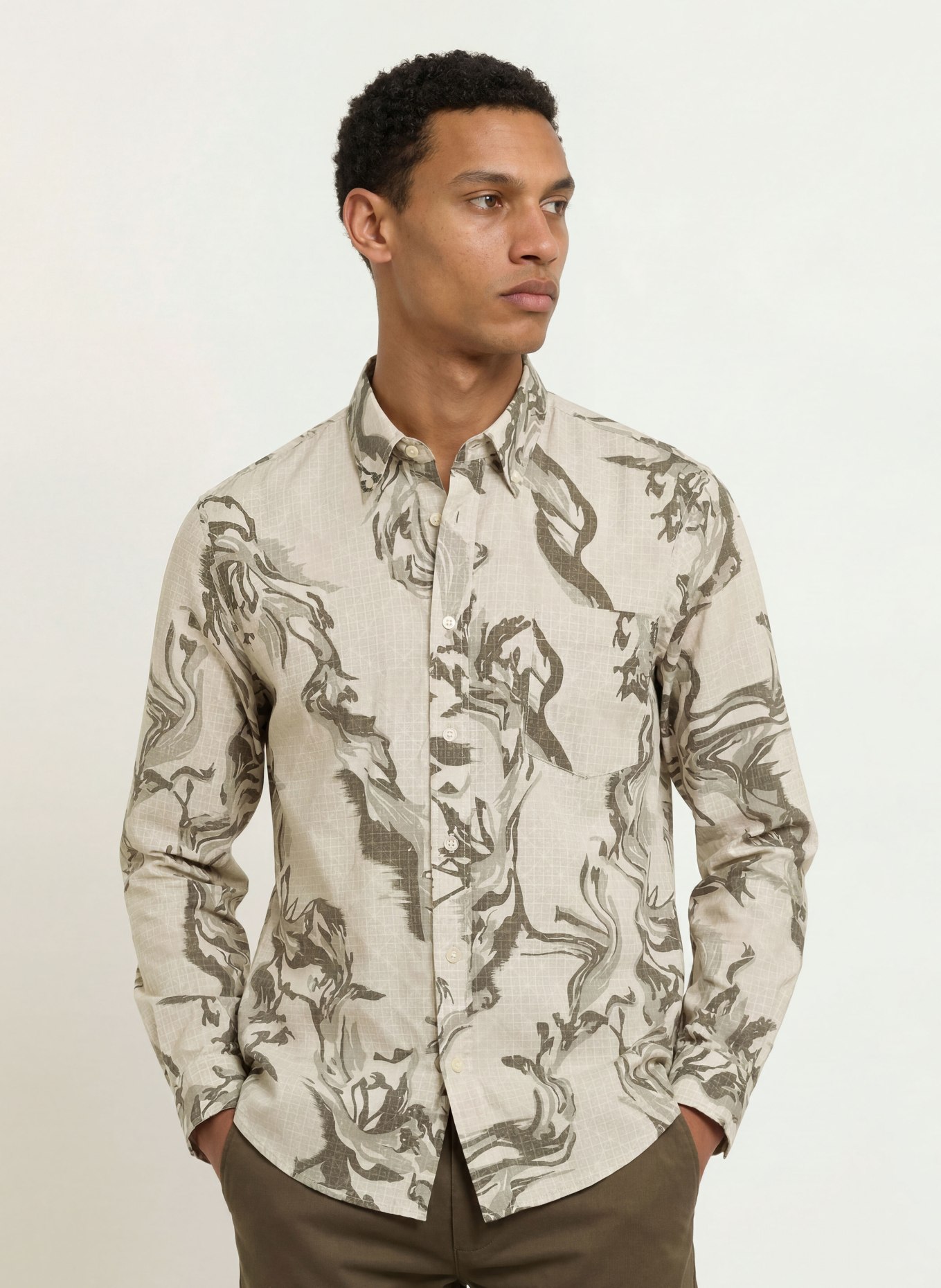 BOSS LOBEY Comfort Fit Shirt: BEIGE / OLIVE