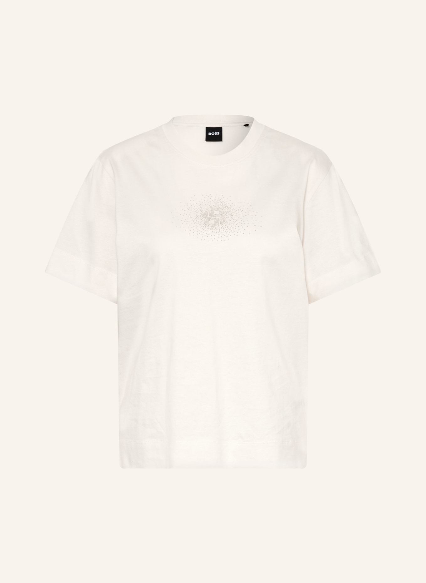 BOSS T-Shirt ELPHA mit Schmucksteinen: WEISS / SILBER