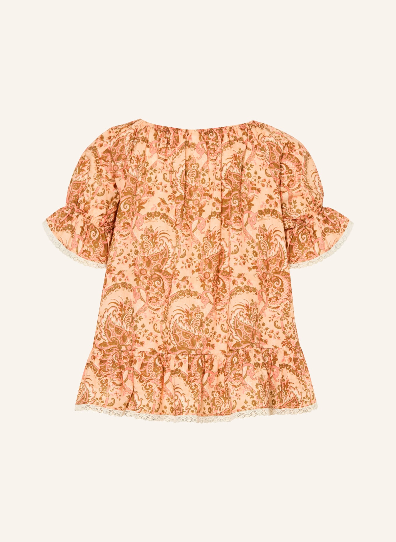 ZIMMERMANN Blouse ASTER met ruches en kant: ROSÉGOUD / COGNAC / LICHTROOD