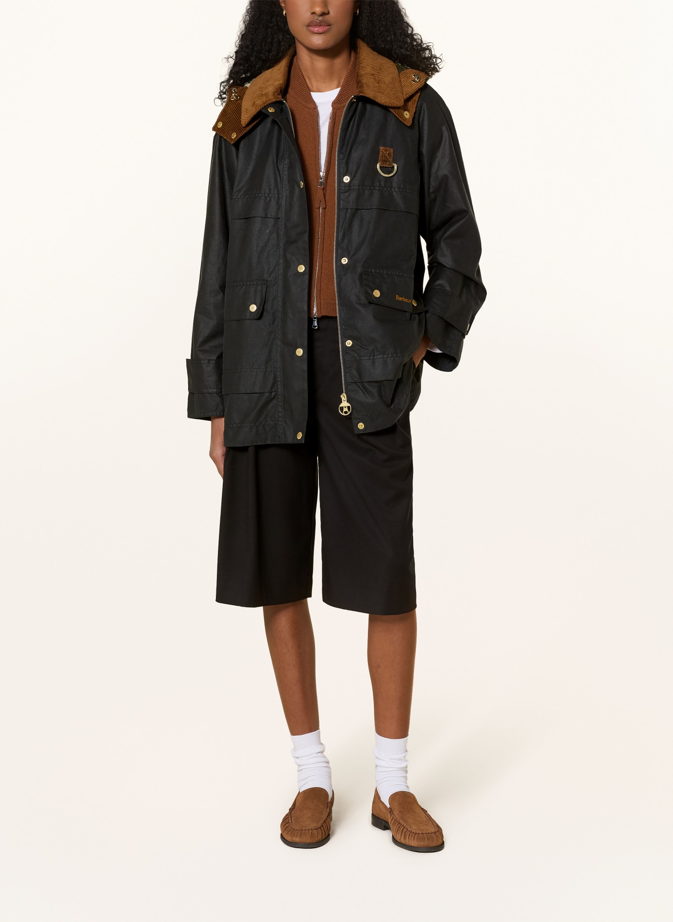 Barbour WRENWOOD WAX jacket with detachable hood: DARK BLUE / COGNAC