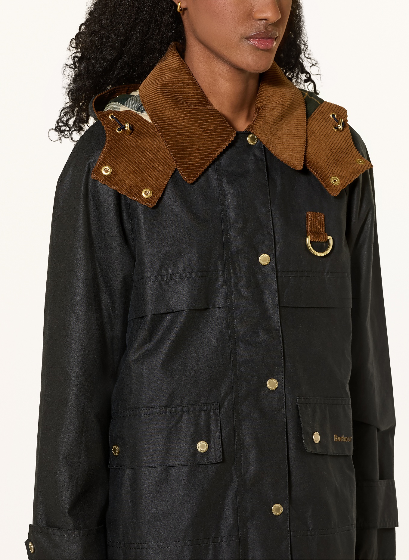 Barbour WRENWOOD WAX jacket with detachable hood: DARK BLUE / COGNAC