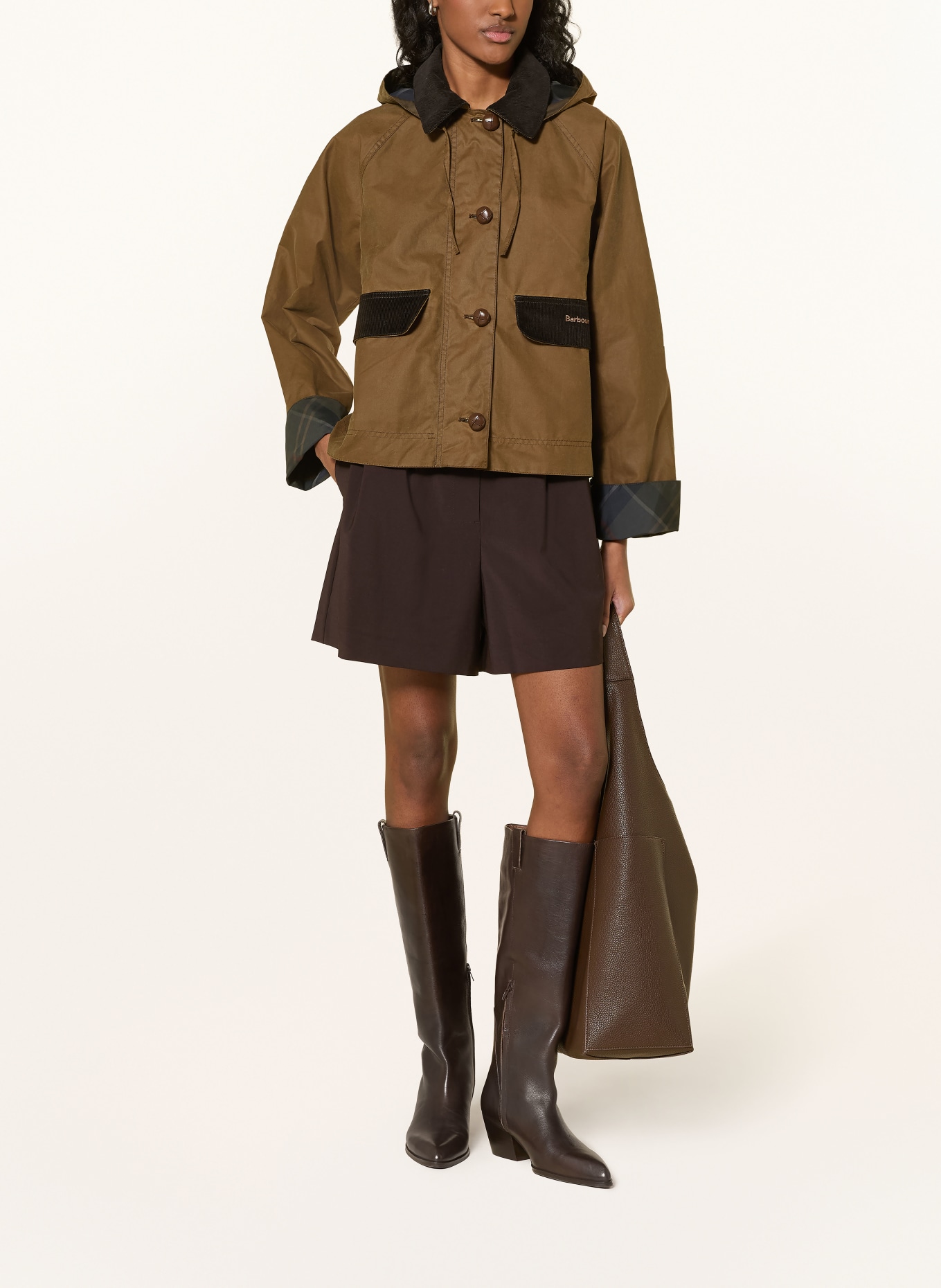 Barbour ADINA jacket with detachable hood: BROWN / DARK BROWN / DARK BLUE