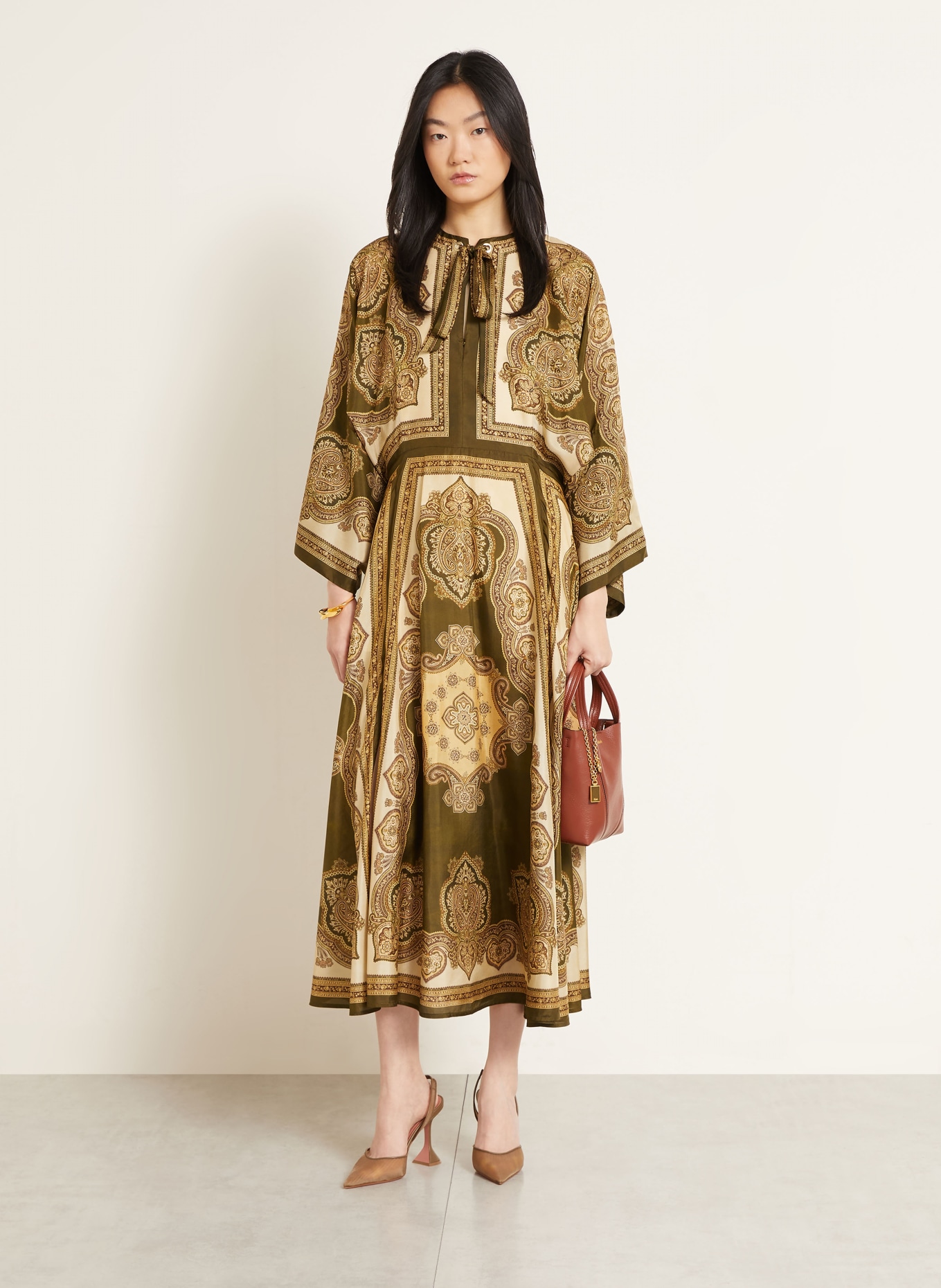 ZIMMERMANN MAHON silk dress: OLIVE / BROWN / BEIGE