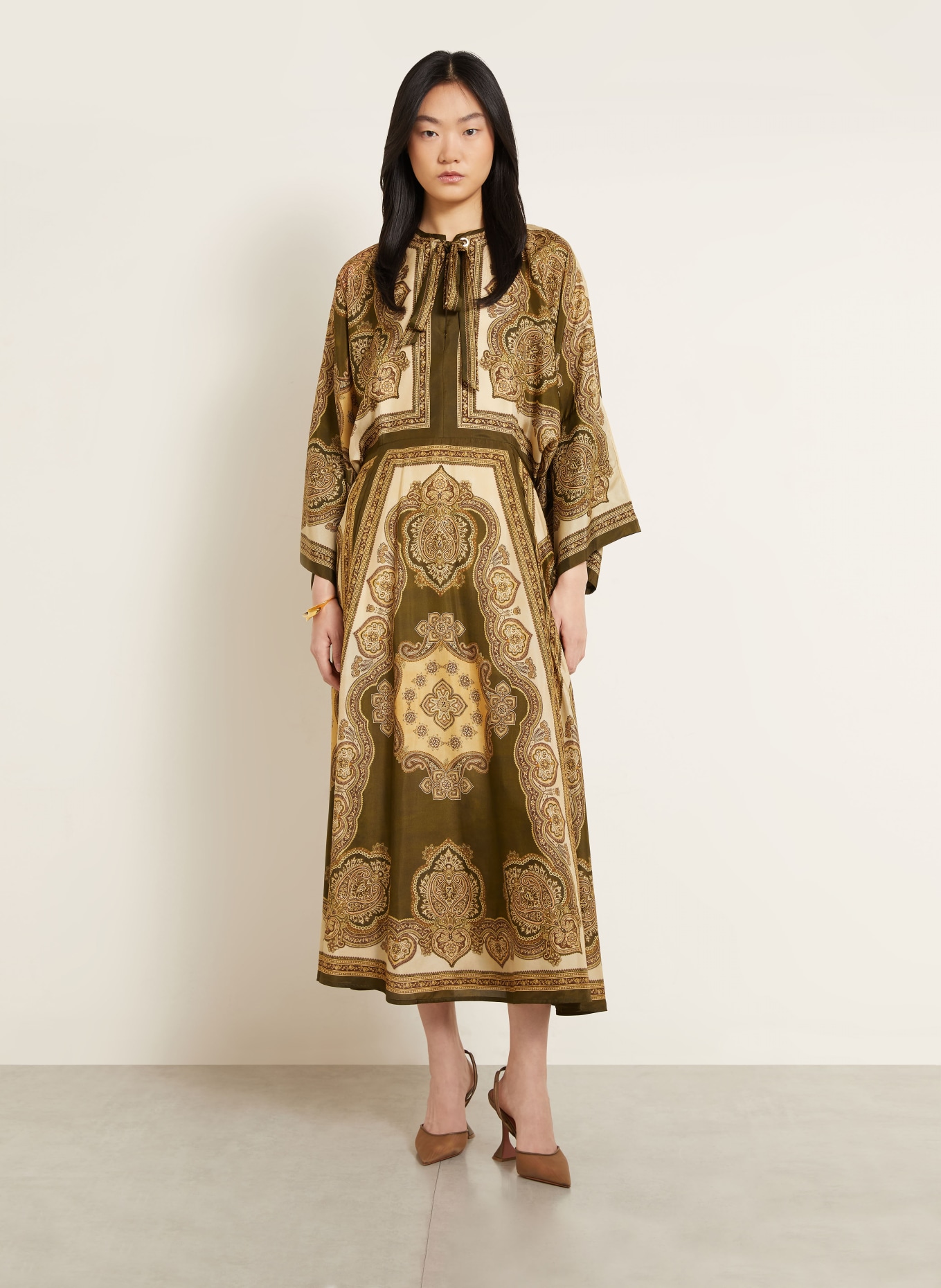 ZIMMERMANN MAHON silk dress: OLIVE / BROWN / BEIGE