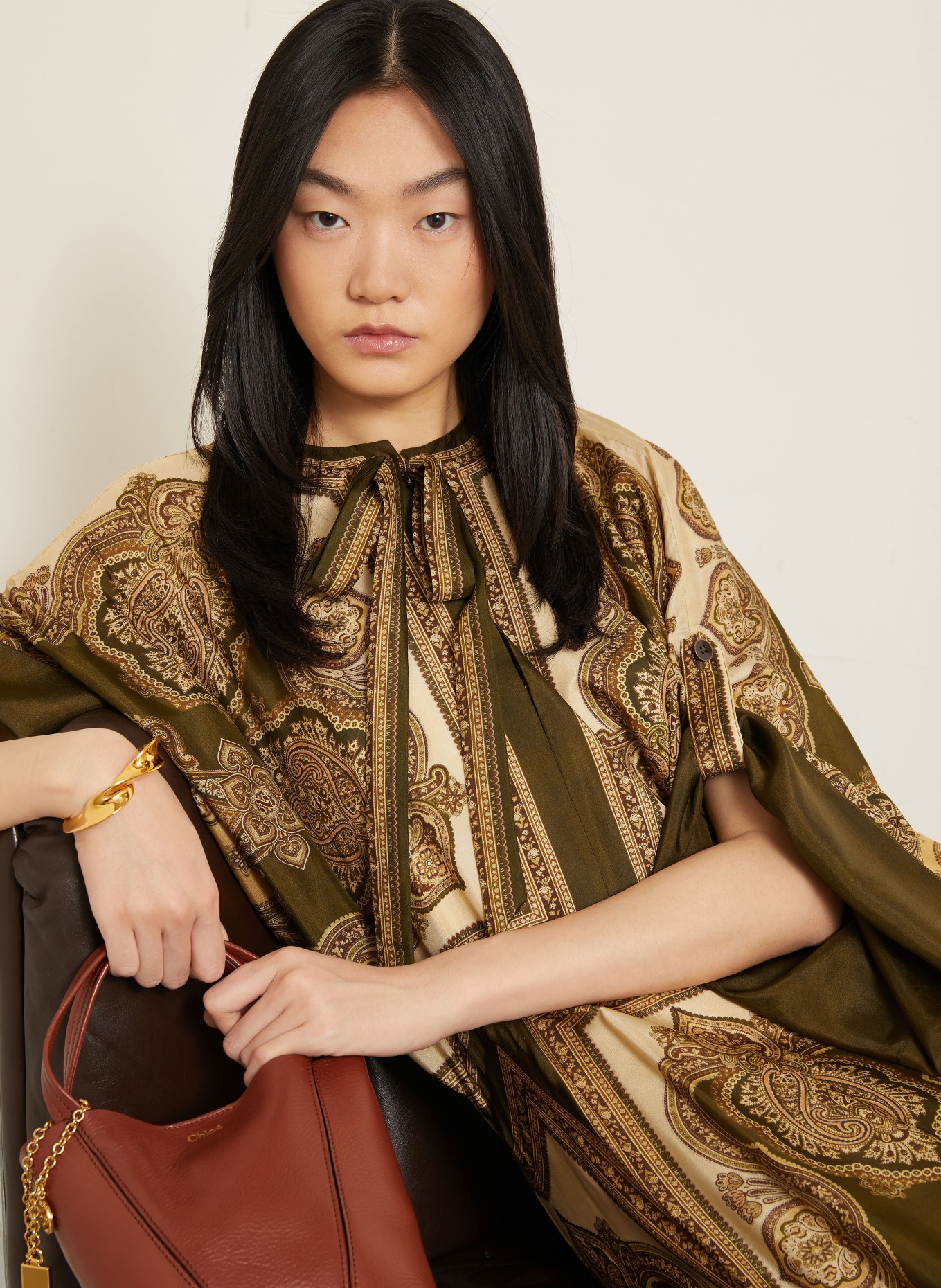 ZIMMERMANN MAHON silk dress: OLIVE / BROWN / BEIGE