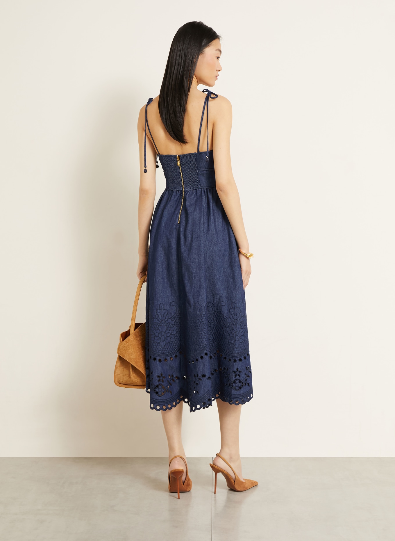 ZIMMERMANN Robe en jean MAHON avec dentelle ajourée: BLEU FONCÉ