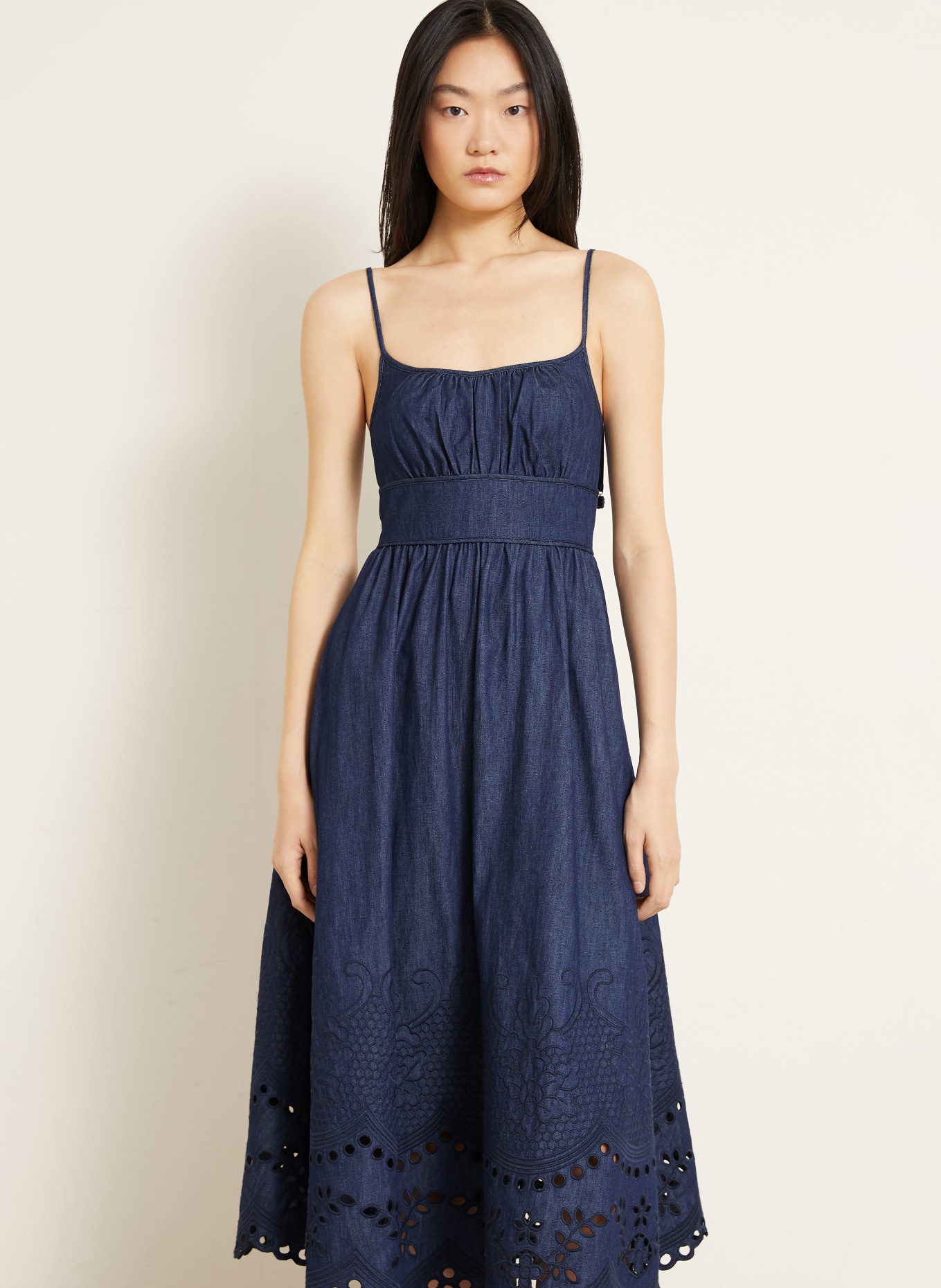 ZIMMERMANN Robe en jean MAHON avec dentelle ajourée: BLEU FONCÉ