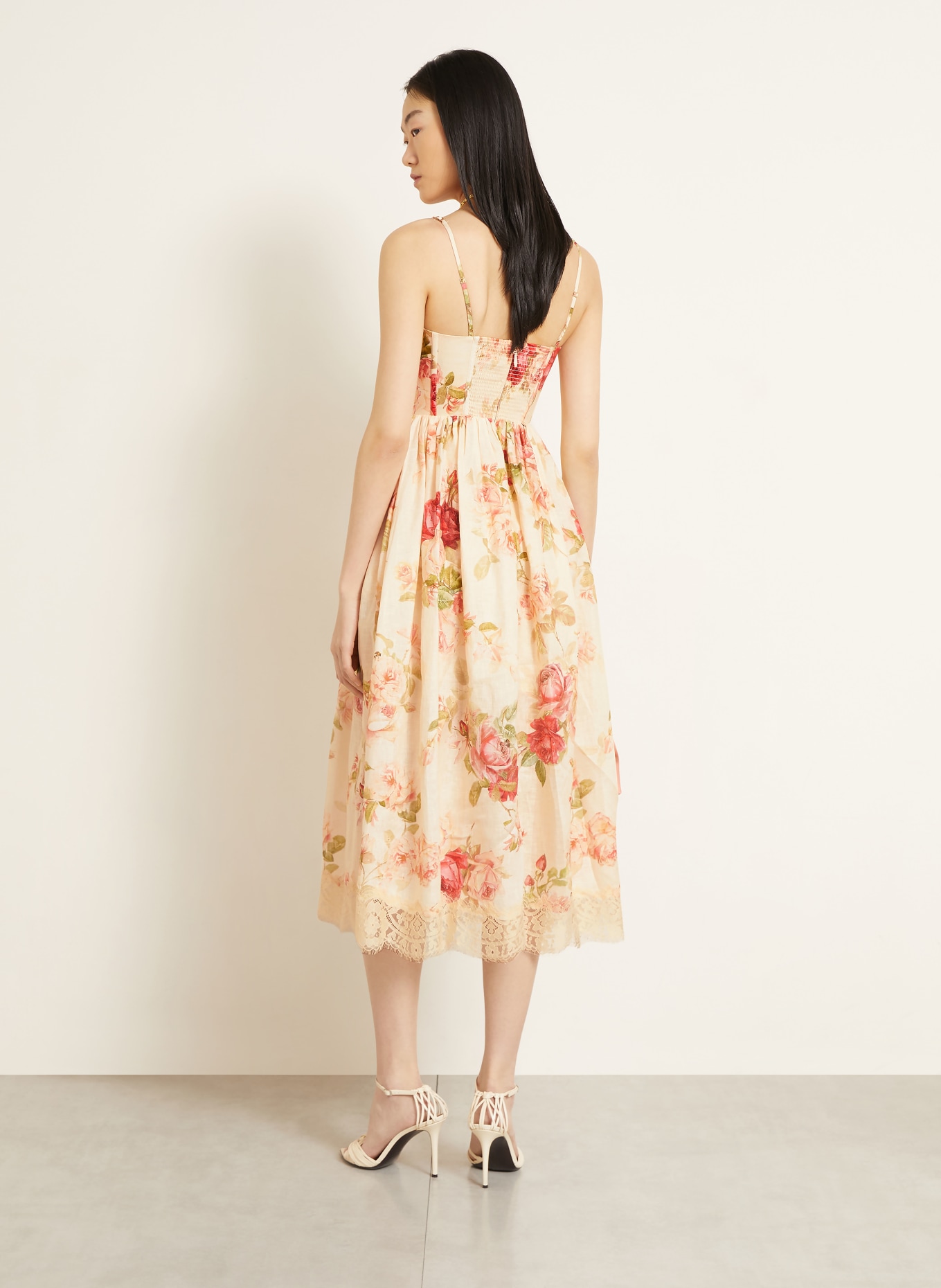 ZIMMERMANN Leinenkleid ROSELIGHT: CREME / ROSÉ / GRÜN
