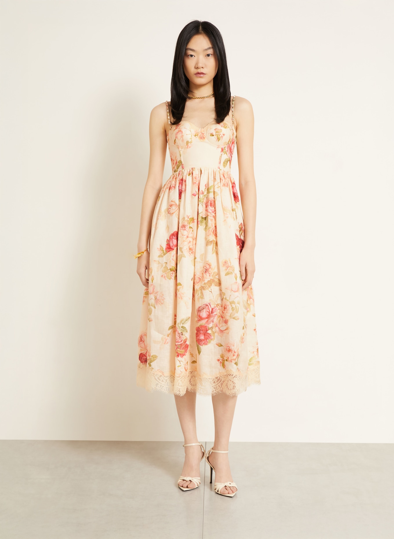 ZIMMERMANN Leinenkleid ROSELIGHT: CREME / ROSÉ / GRÜN