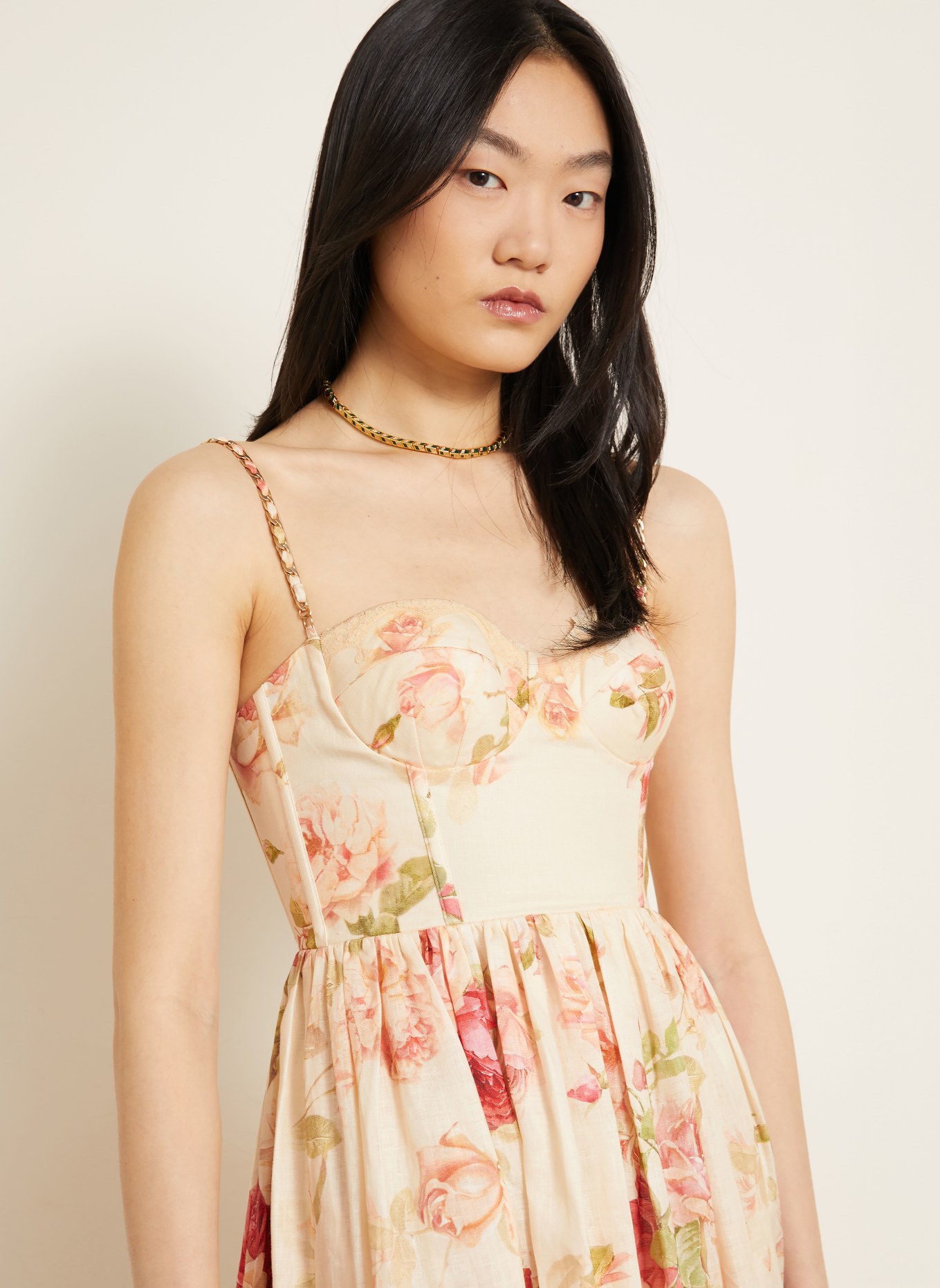 ZIMMERMANN Leinenkleid ROSELIGHT: CREME / ROSÉ / GRÜN