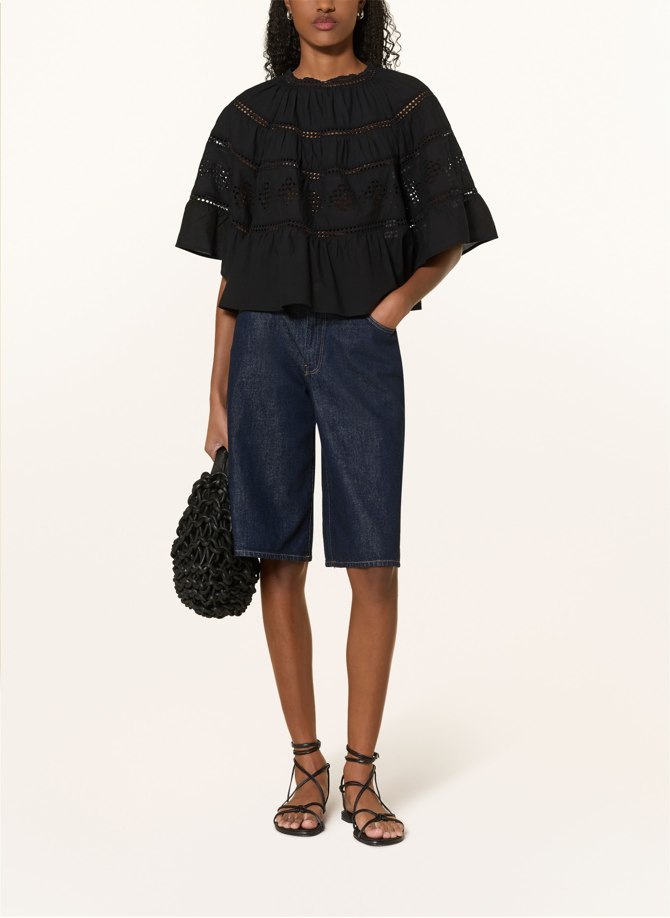 Marc O'Polo Blusenshirt aus Lochspitze mit 3/4-Arm: SCHWARZ