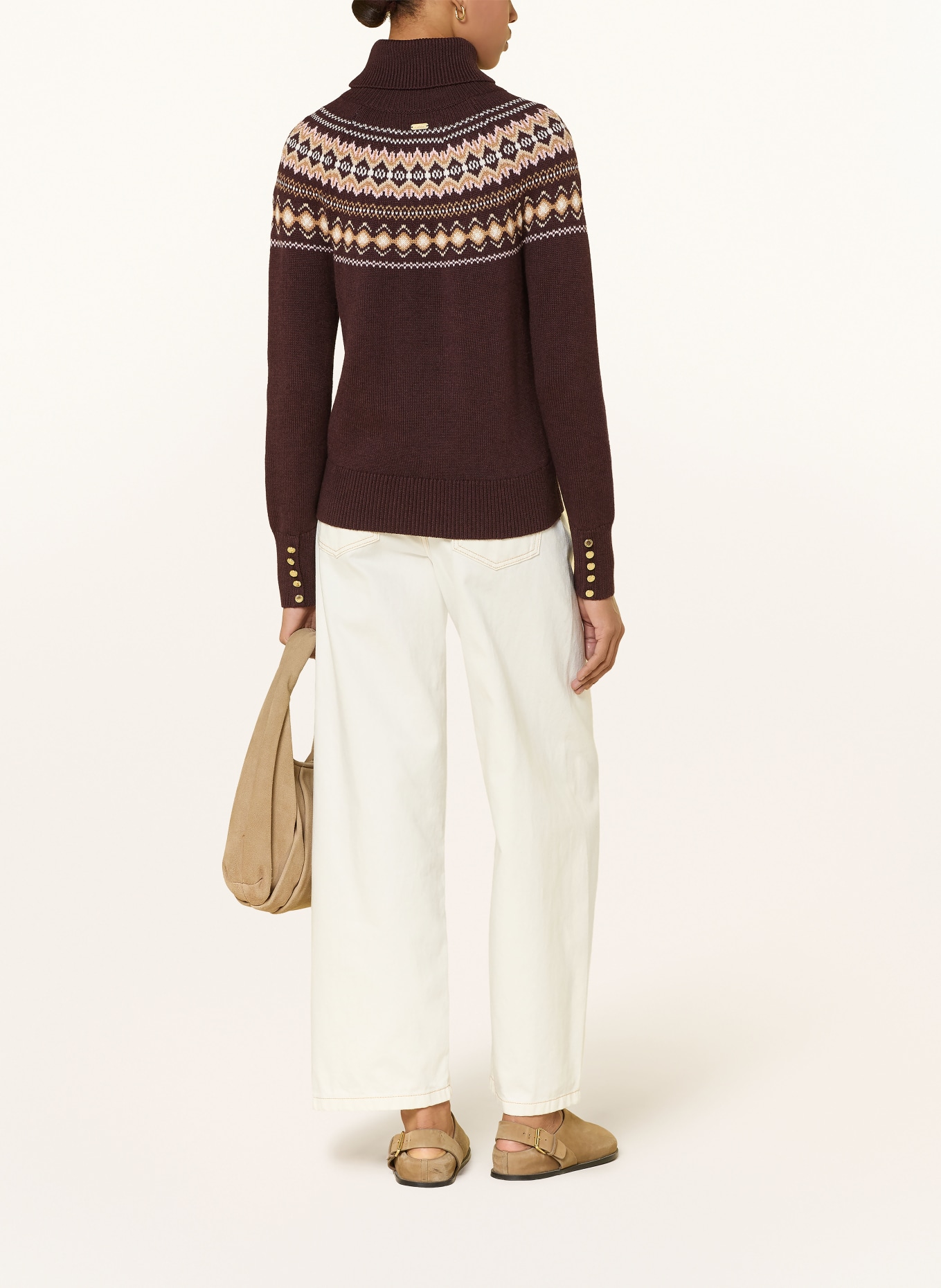 Barbour Trui met col DARWEN met alpaca: MARRON FONCÉ / ROSÉ / BEIGE