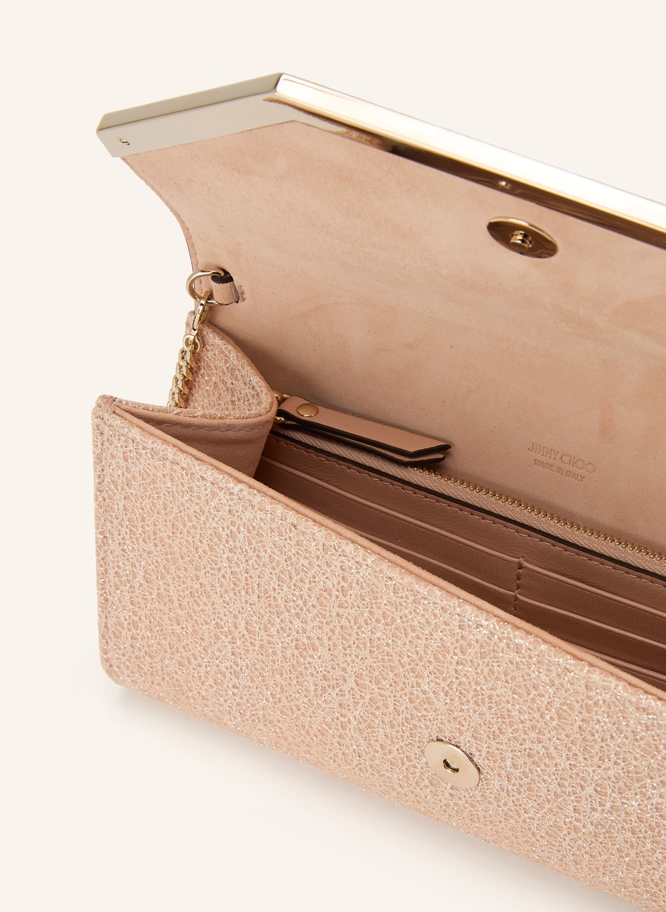 JIMMY CHOO Kopertówka EMMIE z brokatową przędzą: BEŻOWY / ZŁOTY