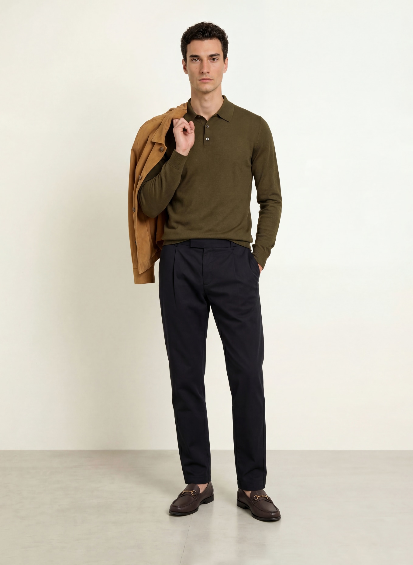 STROKESMAN'S Merinowool knit polo shirt: OLIVE