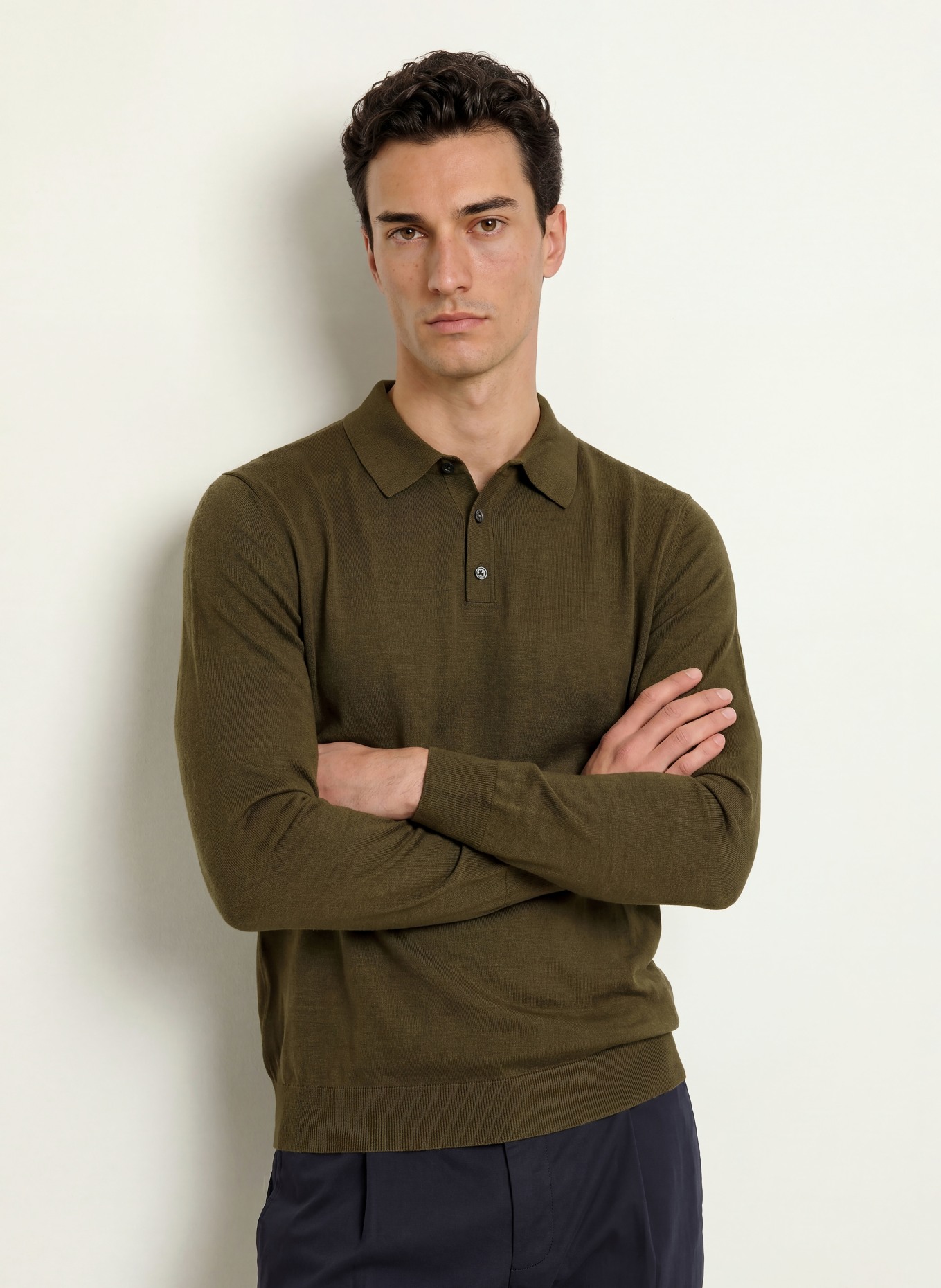 STROKESMAN'S Merinowool knit polo shirt: OLIVE