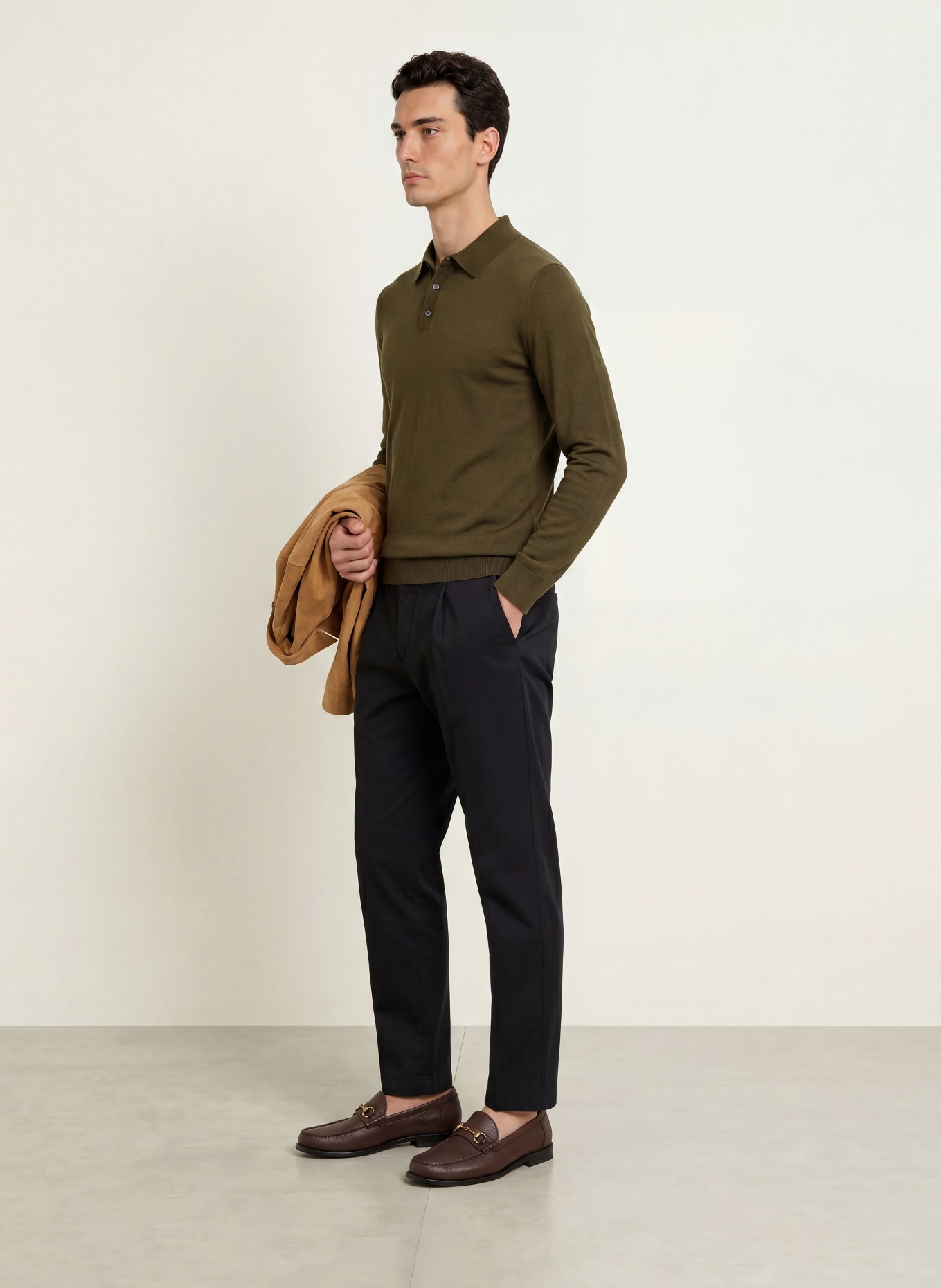 STROKESMAN'S Merinowool knit polo shirt: OLIVE