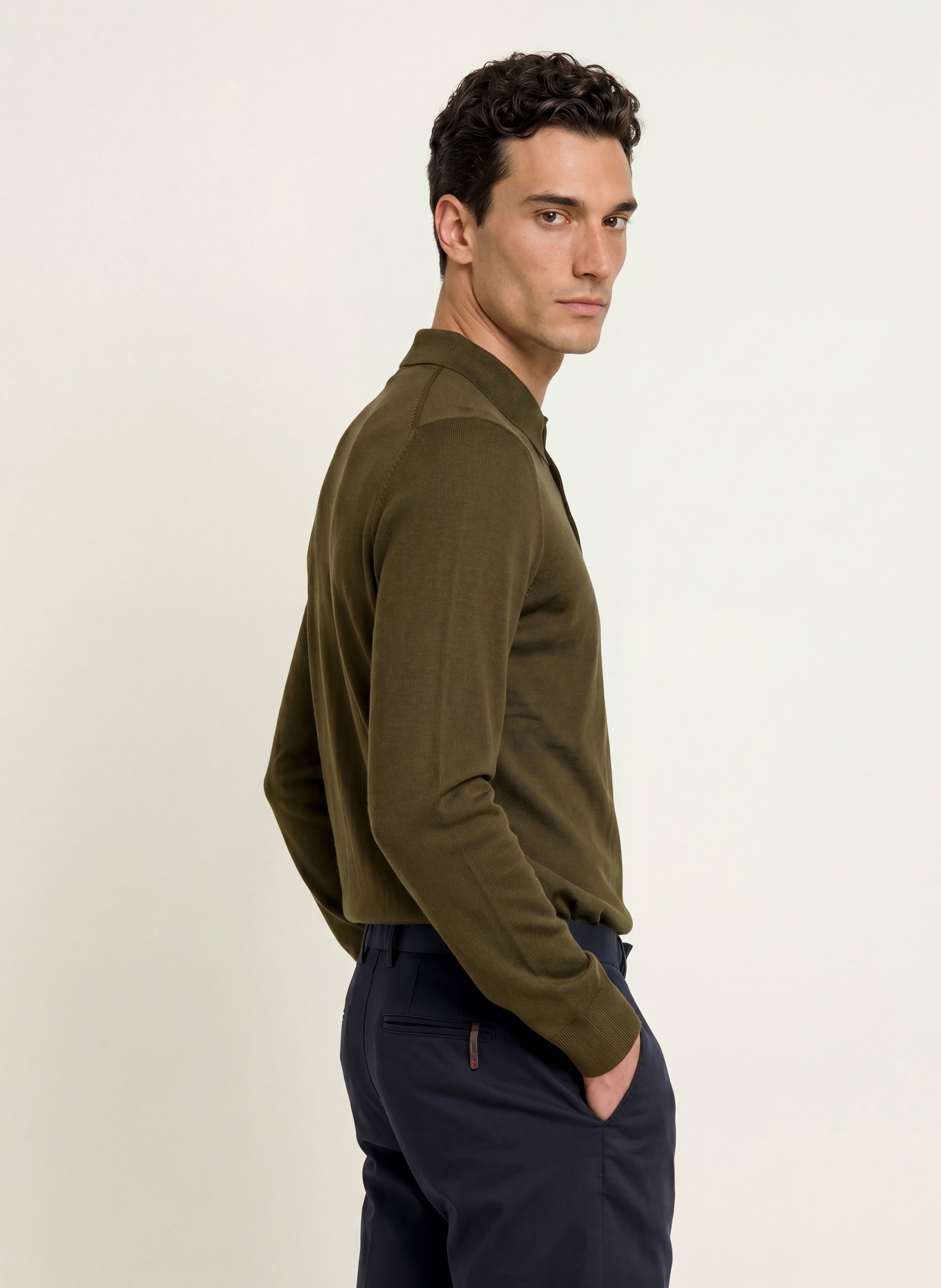 STROKESMAN'S Merinowool knit polo shirt: OLIVE