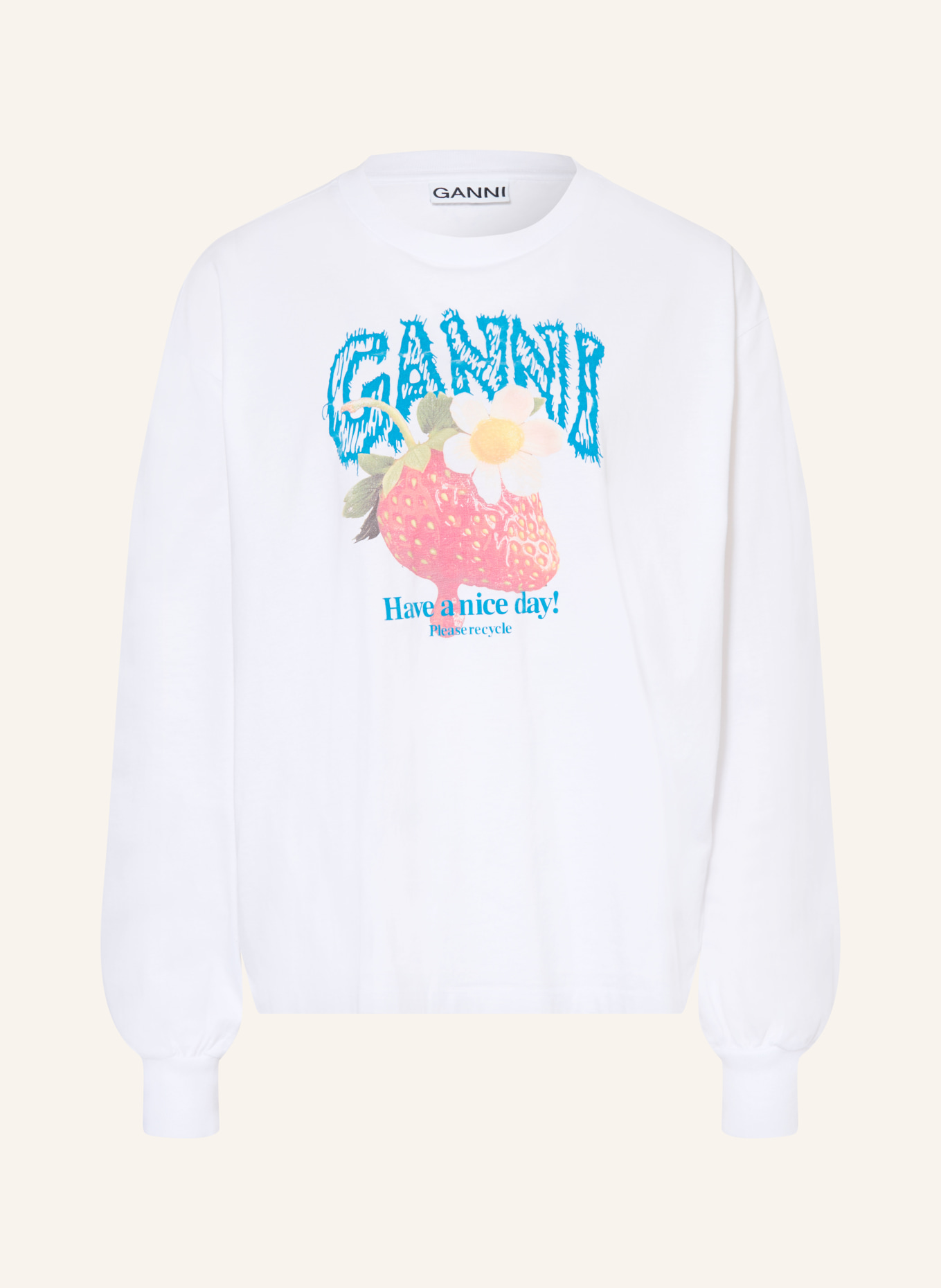 GANNI Longsleeve: WEISS / ROT / TÜRKIS