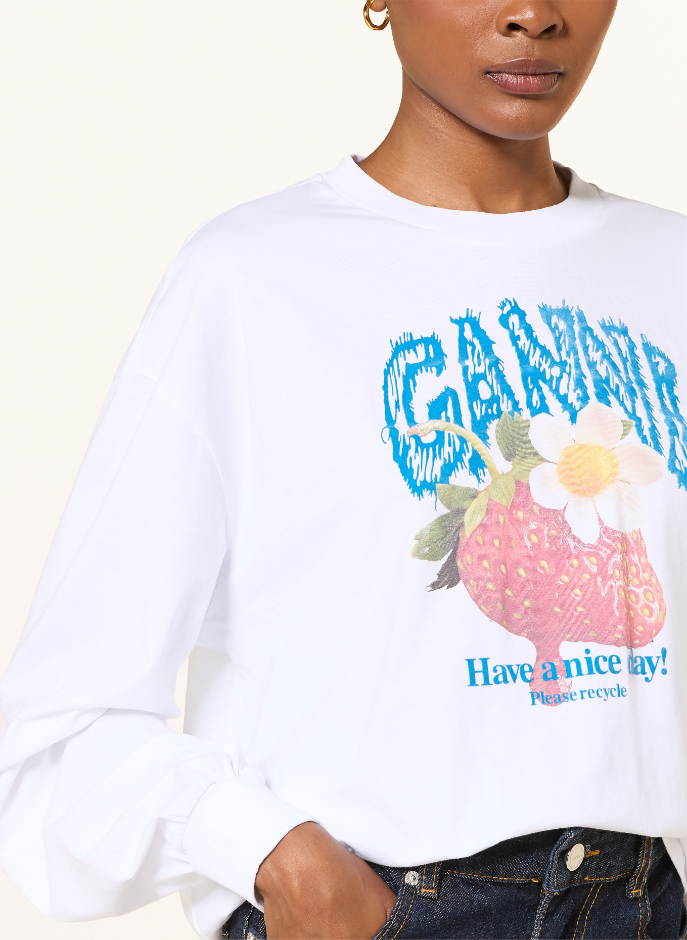 GANNI Longsleeve: WEISS / ROT / TÜRKIS