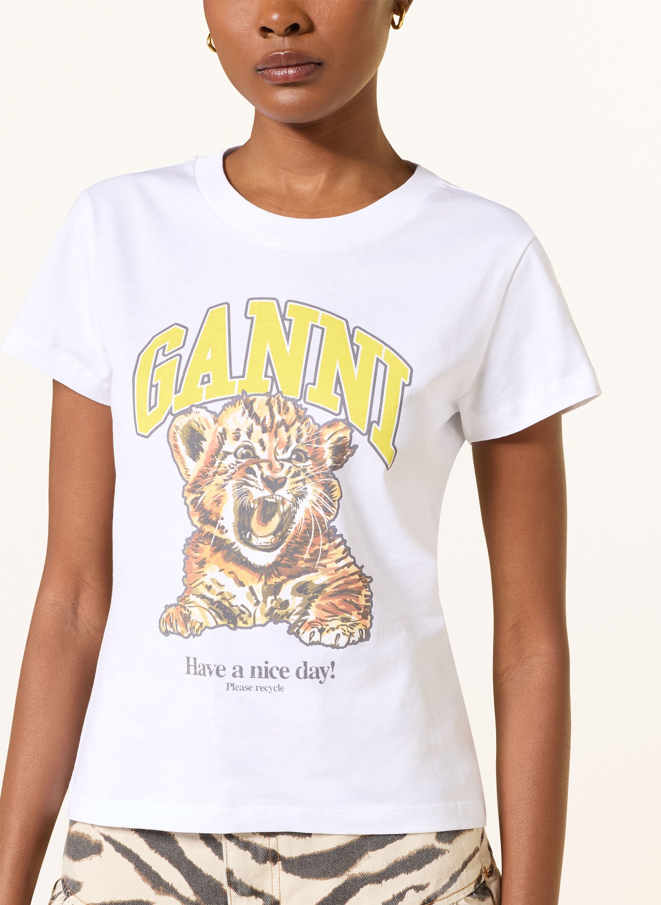 GANNI T-shirt: HVID / MØRKEORANGE / GUL