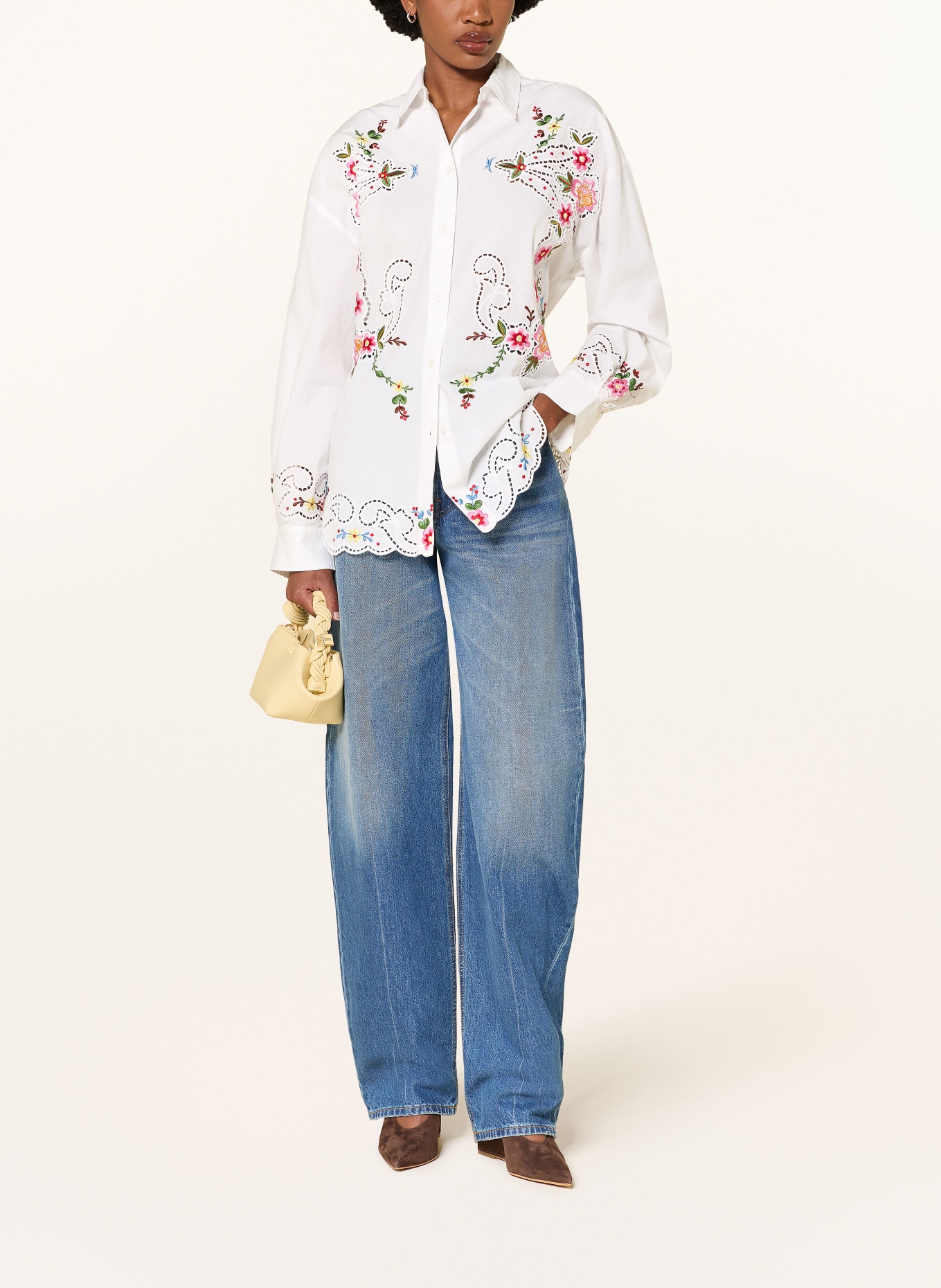 ESSENTIEL ANTWERP JAYME shirt blouse with eyelet lace: WHITE / PINK / GREEN