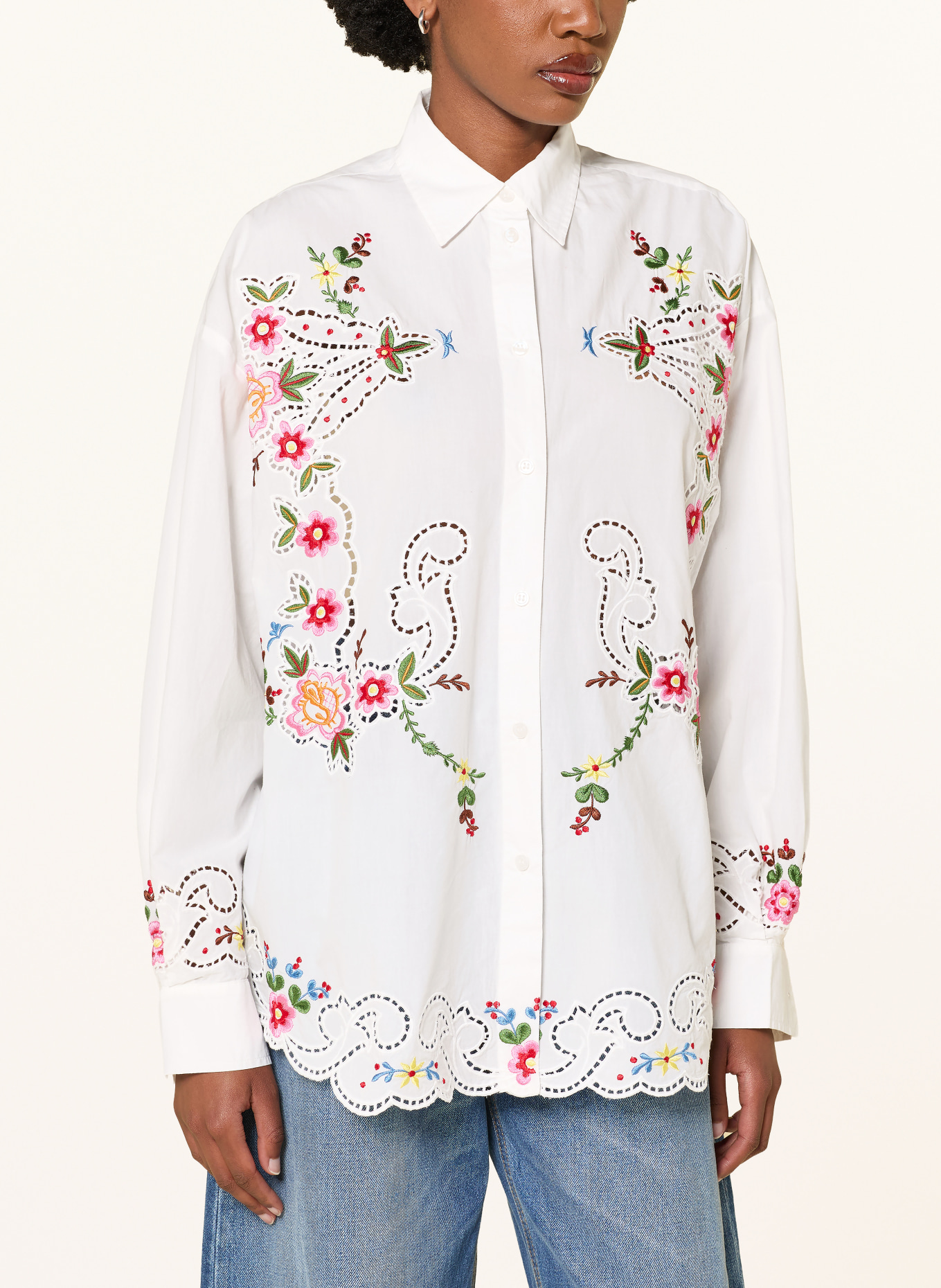 ESSENTIEL ANTWERP JAYME shirt blouse with eyelet lace: WHITE / PINK / GREEN