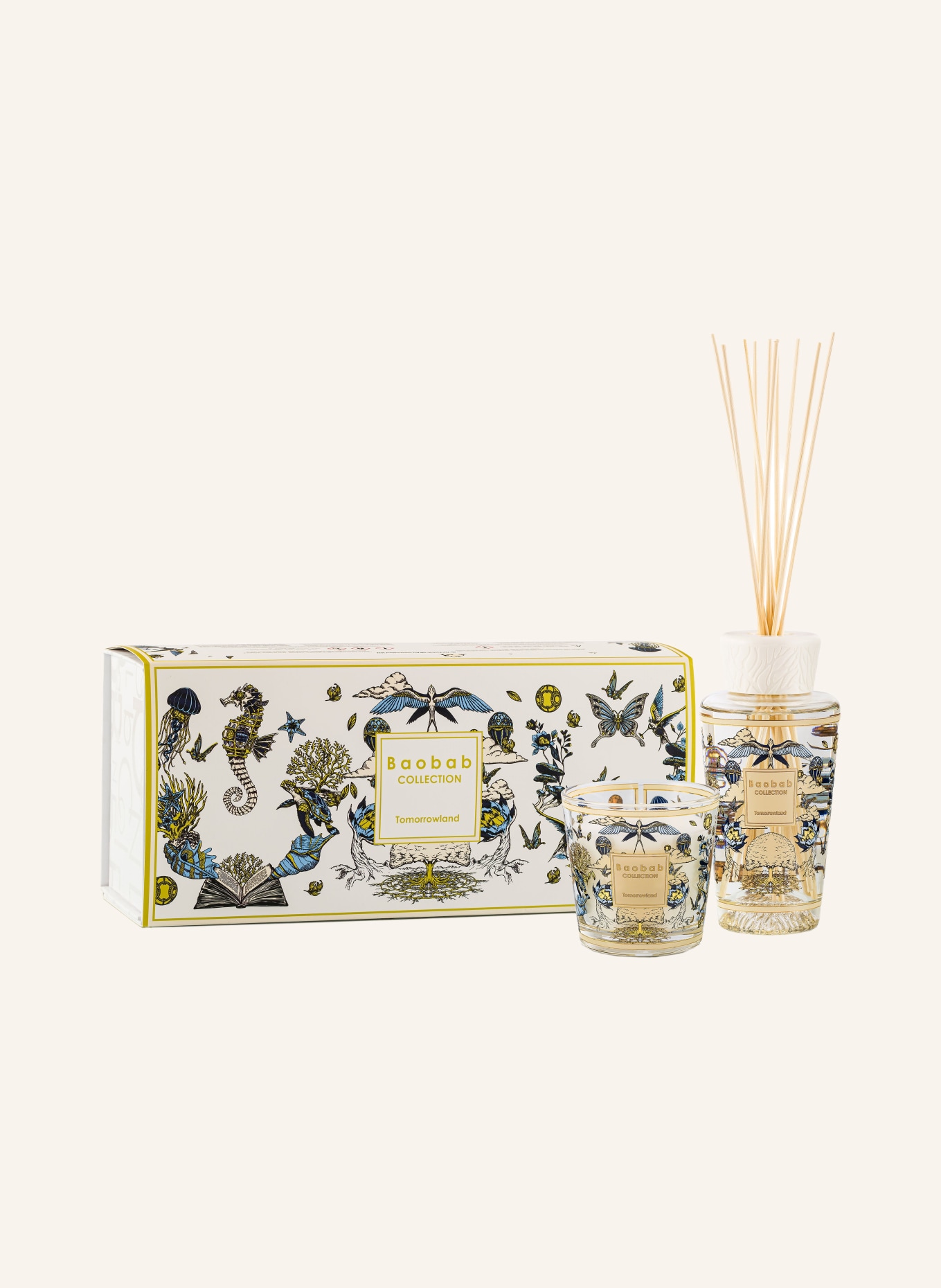Baobab COLLECTION 2-tlg. Set TOMORROWLAND: Raumduft und Duftkerze: WEISS / GOLD / HELLBLAU