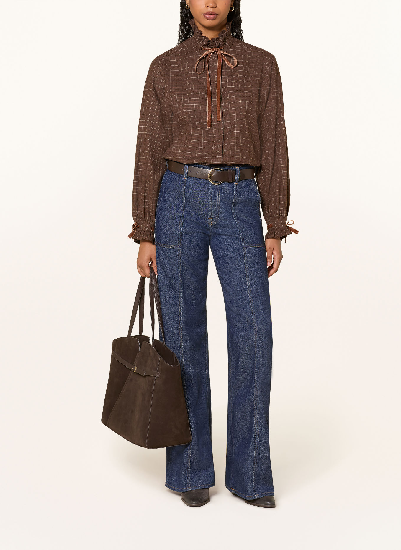 van Laack Flanellbluse VL-AZITEA-KOSVP med flæser: MØRKEBRUN / COGNAC / BEIGE