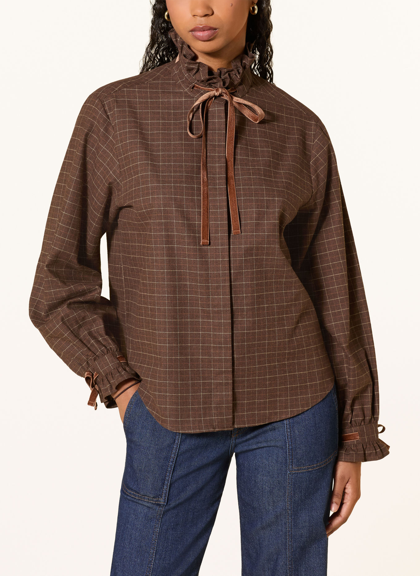 van Laack Flanellbluse VL-AZITEA-KOSVP med flæser: MØRKEBRUN / COGNAC / BEIGE