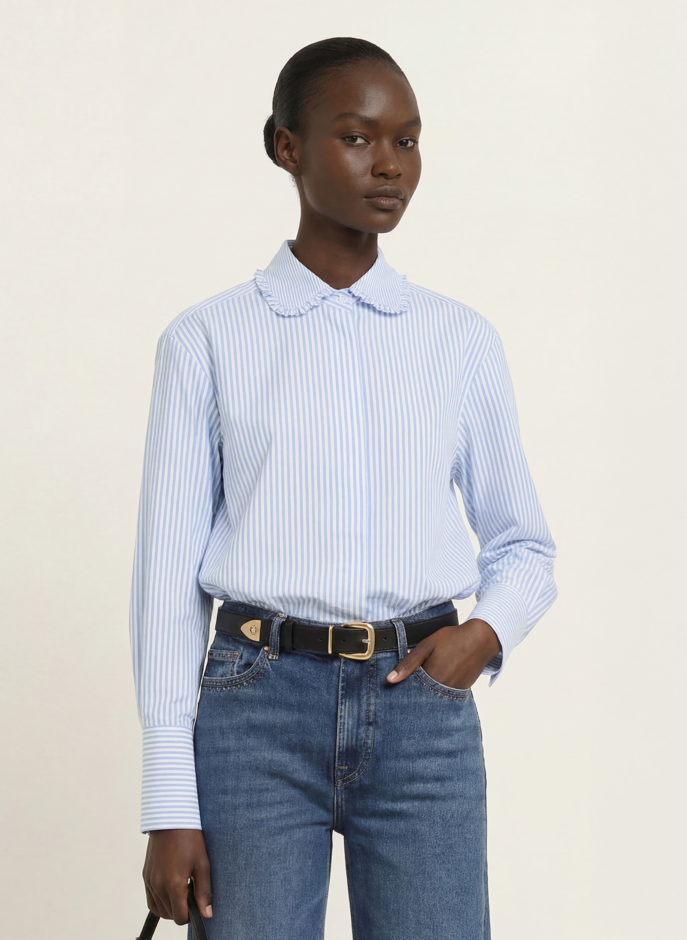 van Laack Blouse VL-PONCYS-W36FQS met ruches: BLAUW / WIT