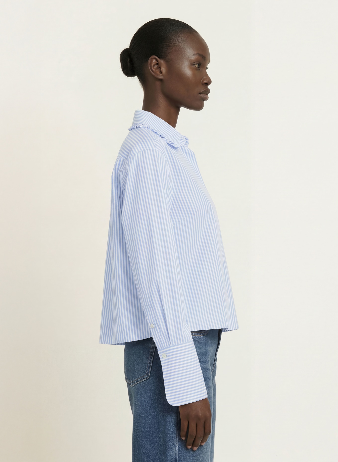 van Laack Blouse VL-PONCYS-W36FQS met ruches: BLAUW / WIT