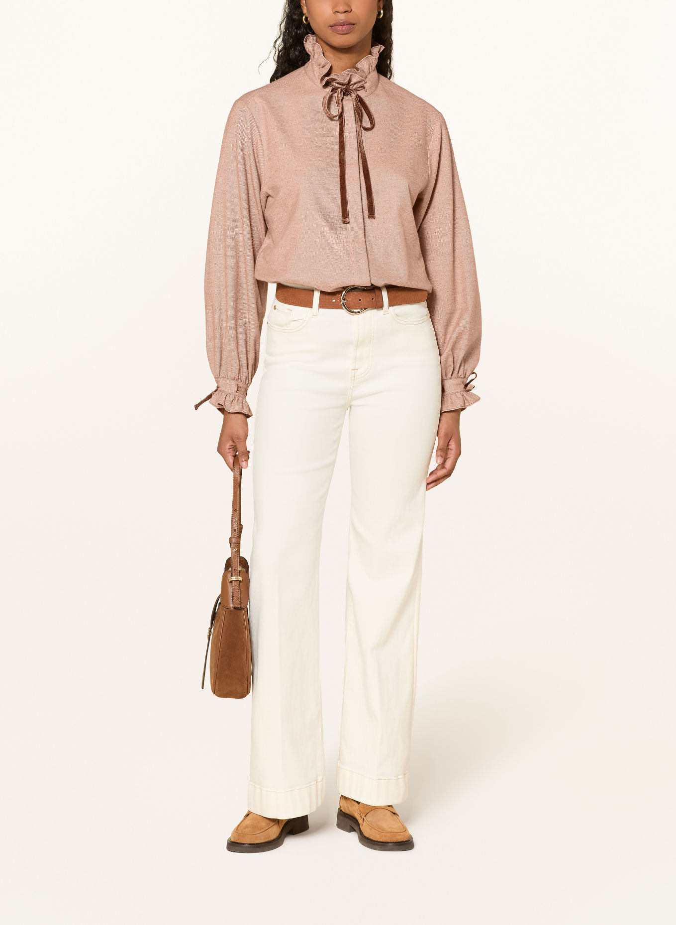 van Laack Flanellen blouse VL-AZITEA-KOSVP met ruches: BEIGE / COGNAC